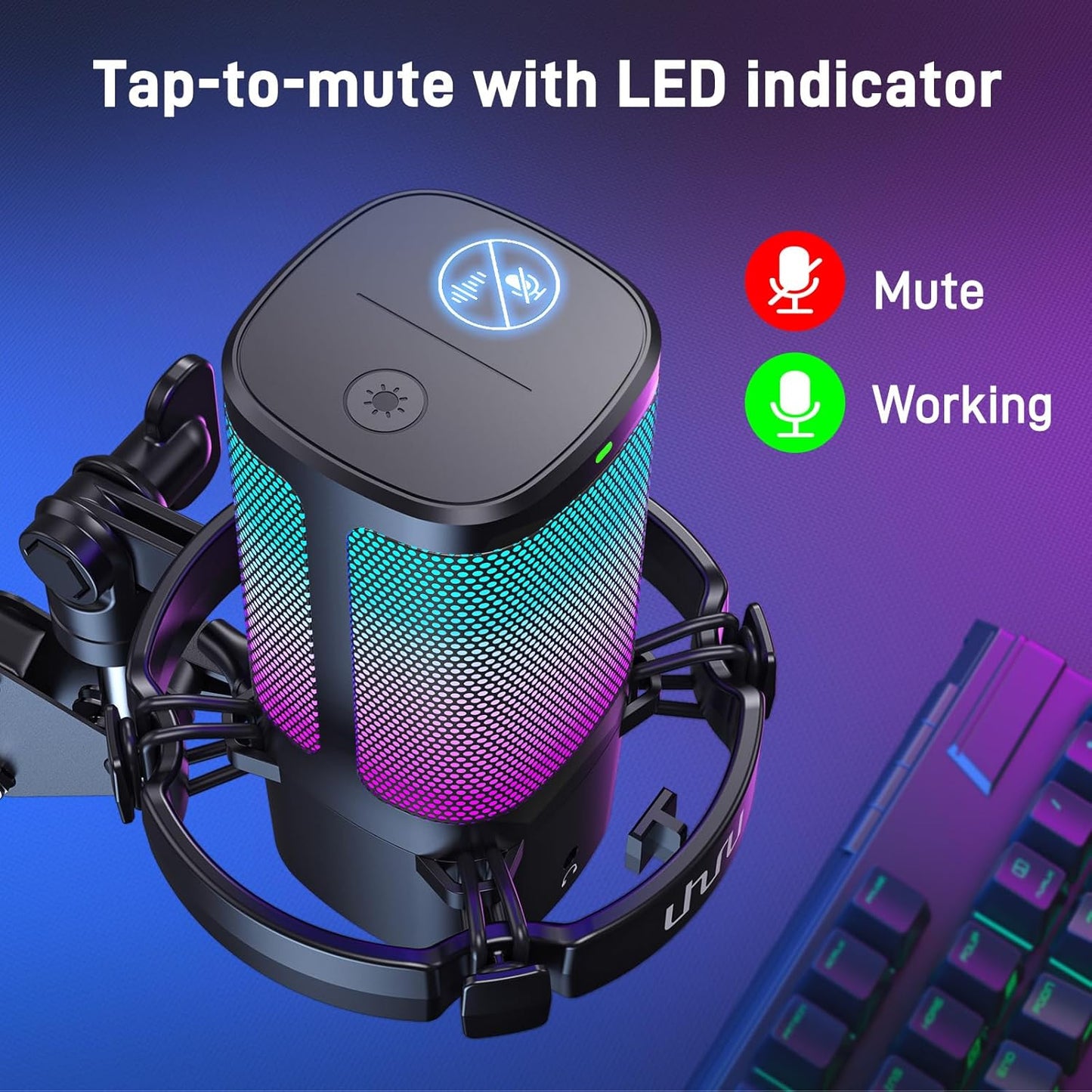 UHURU Gaming USB Microphone for PC, Computer Mic with Controllable RGB for PS4/5 Gamers, Podcast Mic with Boom Arm, Noise Cancellation, Mute Button, Gain Knob for Streaming Discord Twitch-UM2S