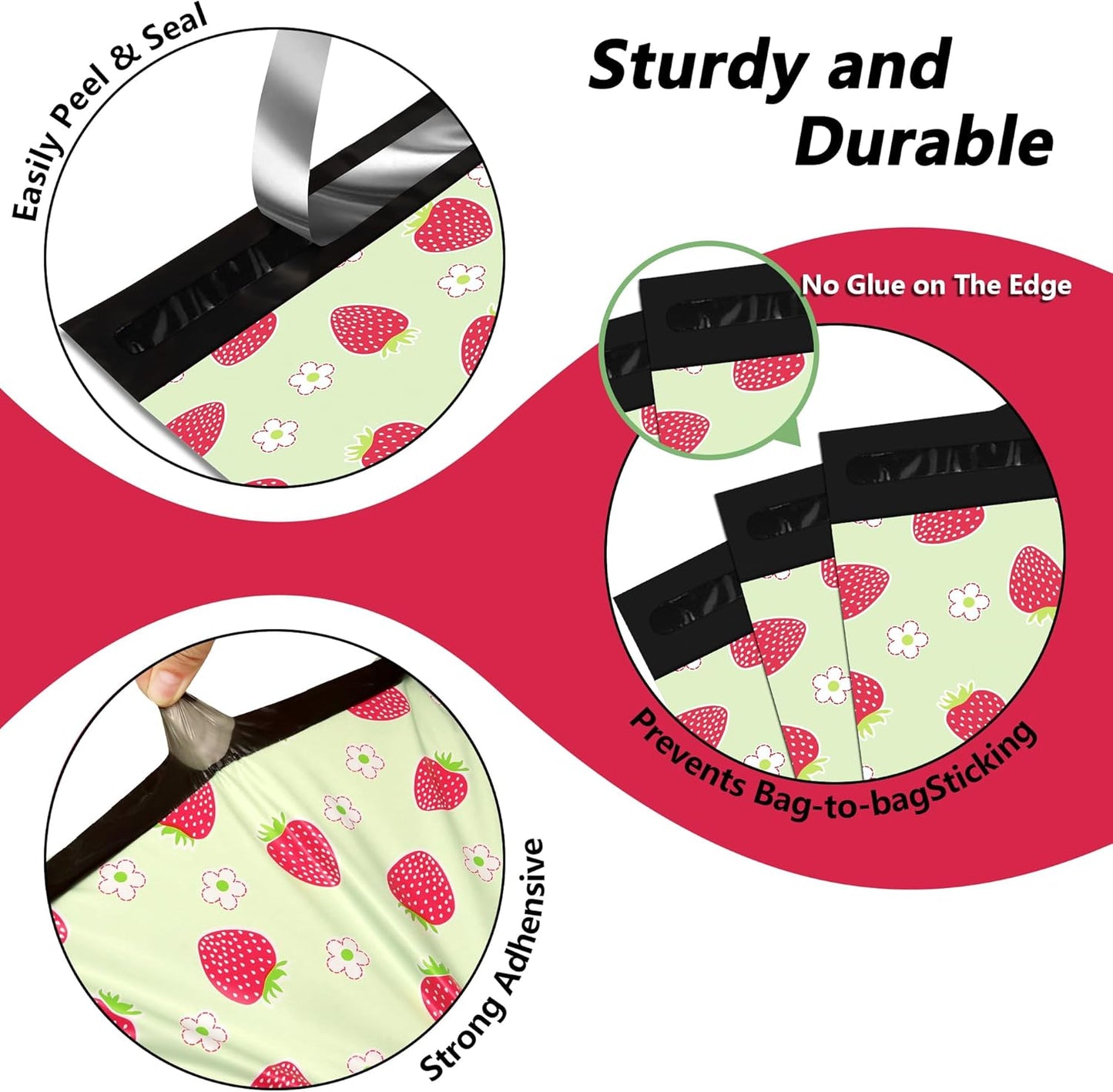 Poly Mailers 12x15.5 Inch 50 Pcs - Strawberries printed Shipping Bags, 2.4mil Thickness, Waterproof and Tear Resistant Mailing Envelopes, Self-Sealing Packaging Bags for Small Business