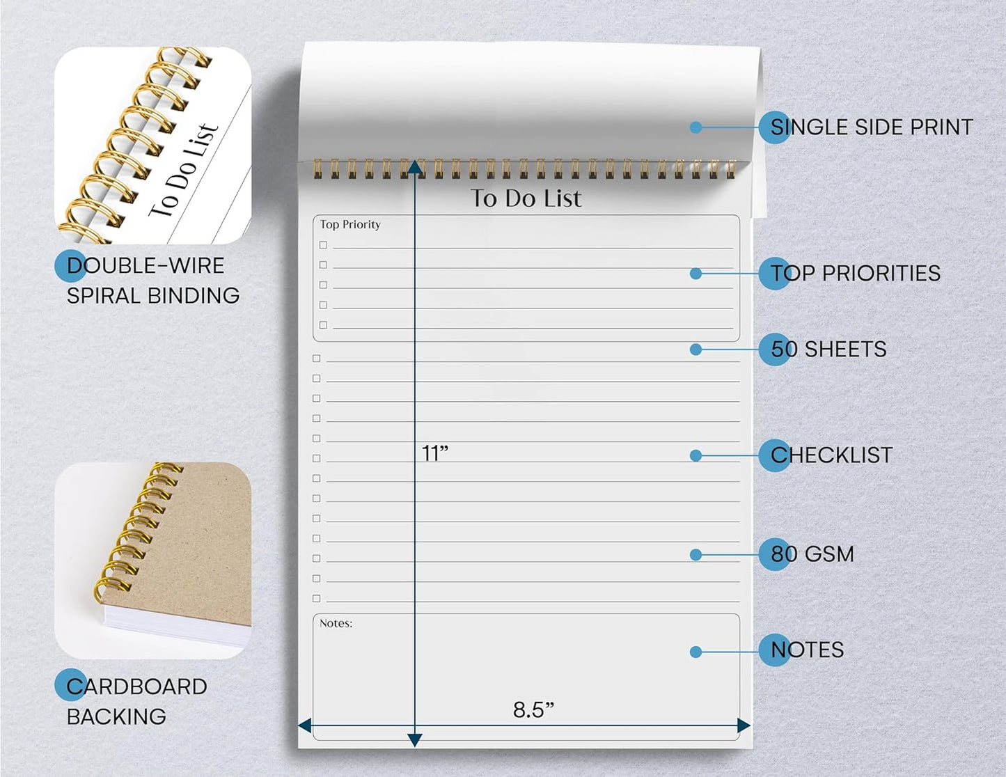 Better Office Products To Do List Notepad, 8.5" x 11", Planning Note Pad, 50 Sheets, Double Wire Spiral, Daily Agenda Productivity Checklist Organizer,(1 Pack)