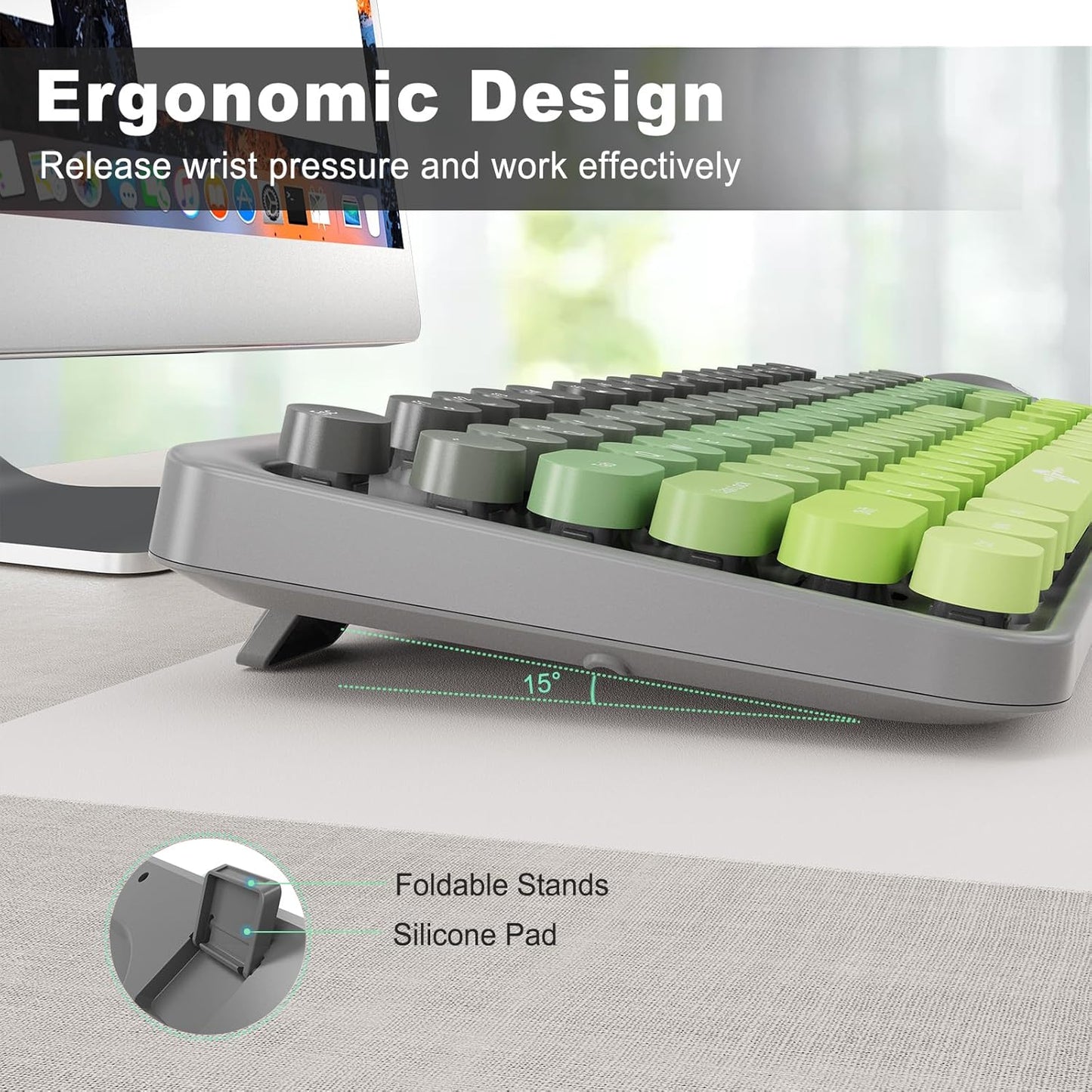 FD Wireless Keyboard and Mouse Combo | Cute Colorful Keyboard and Mouse with 2.4GHz Cordless Retro Typewriter Keyboard | Auto-Sleep | USB Receiver for Windows PC/Laptop - Grey Green Gradient