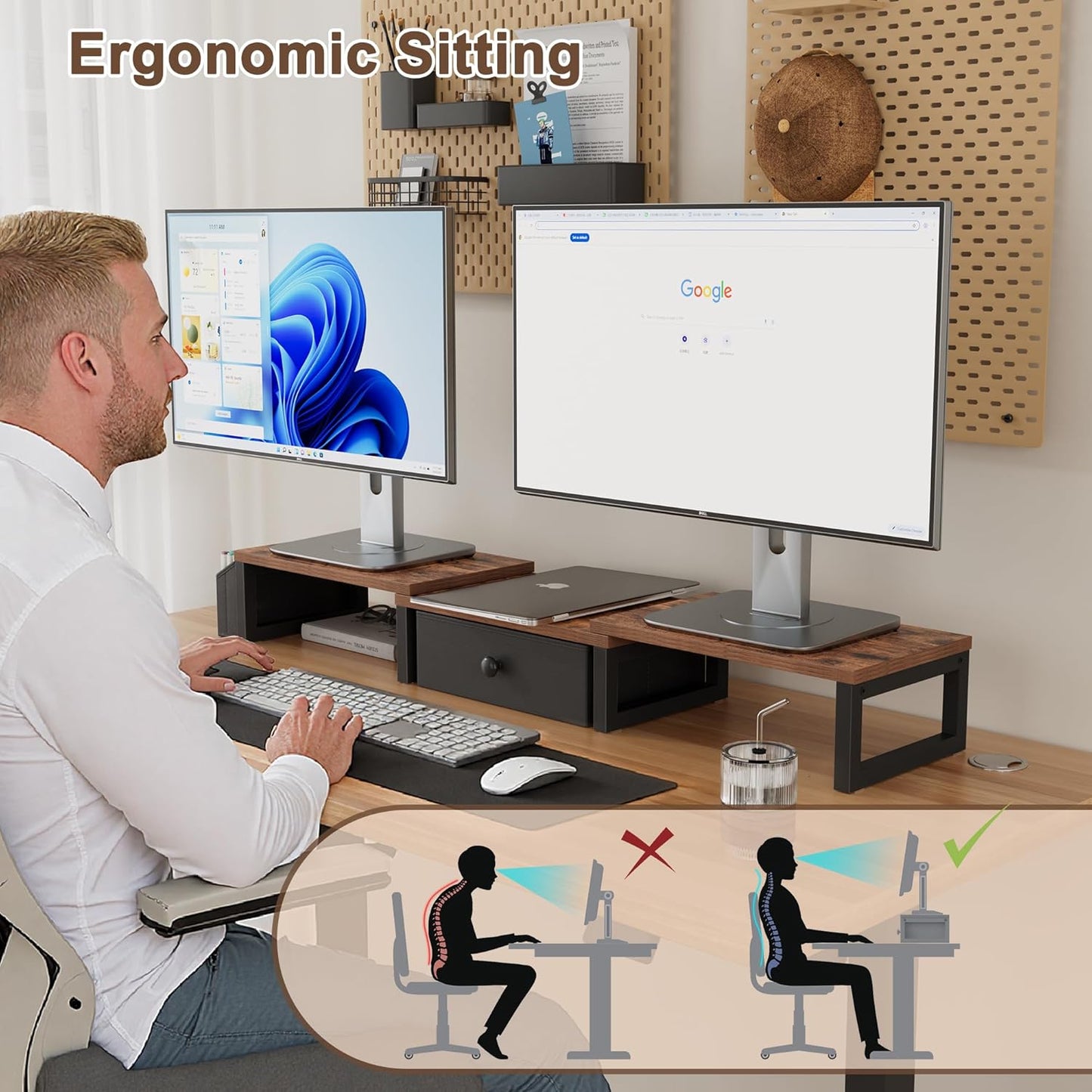 LAND·VOI Heavy Duty Dual Monitor Stand, Holds 2 Screens Up to 27 Inches, Adjustable Length and Angle Monitor Riser, Desk Organizer with Side Pockets and Drawers, Home Office Desk Storage, Rustic Brown