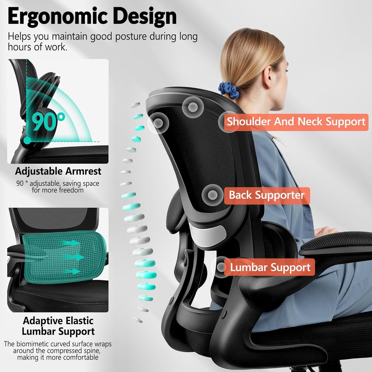 Home Office Desk Chair, Ergonomic Office Chair with Lumbar Support and Adjustable Armrests, Office Chair, Breathable Mesh Mid Back Computer Chair, Modern Comfy Desk Chair