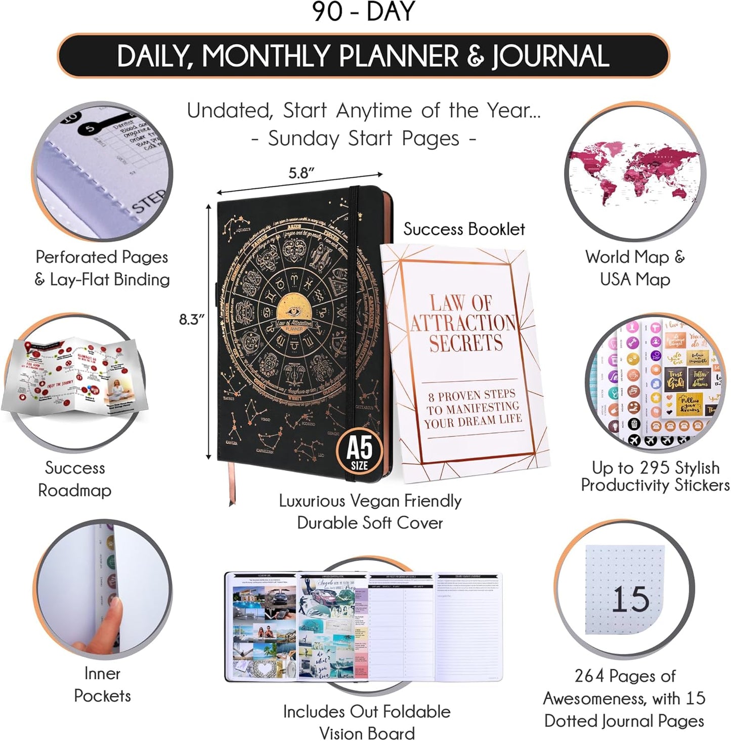 Manifestation Journal - 5 Minute Manifesting & Self Care Journal | 90-Day Undated Daily Planner for Positivity, Affirmations & Gratitude | Guided Mindfulness, Reflection | Vision Board + Stickers