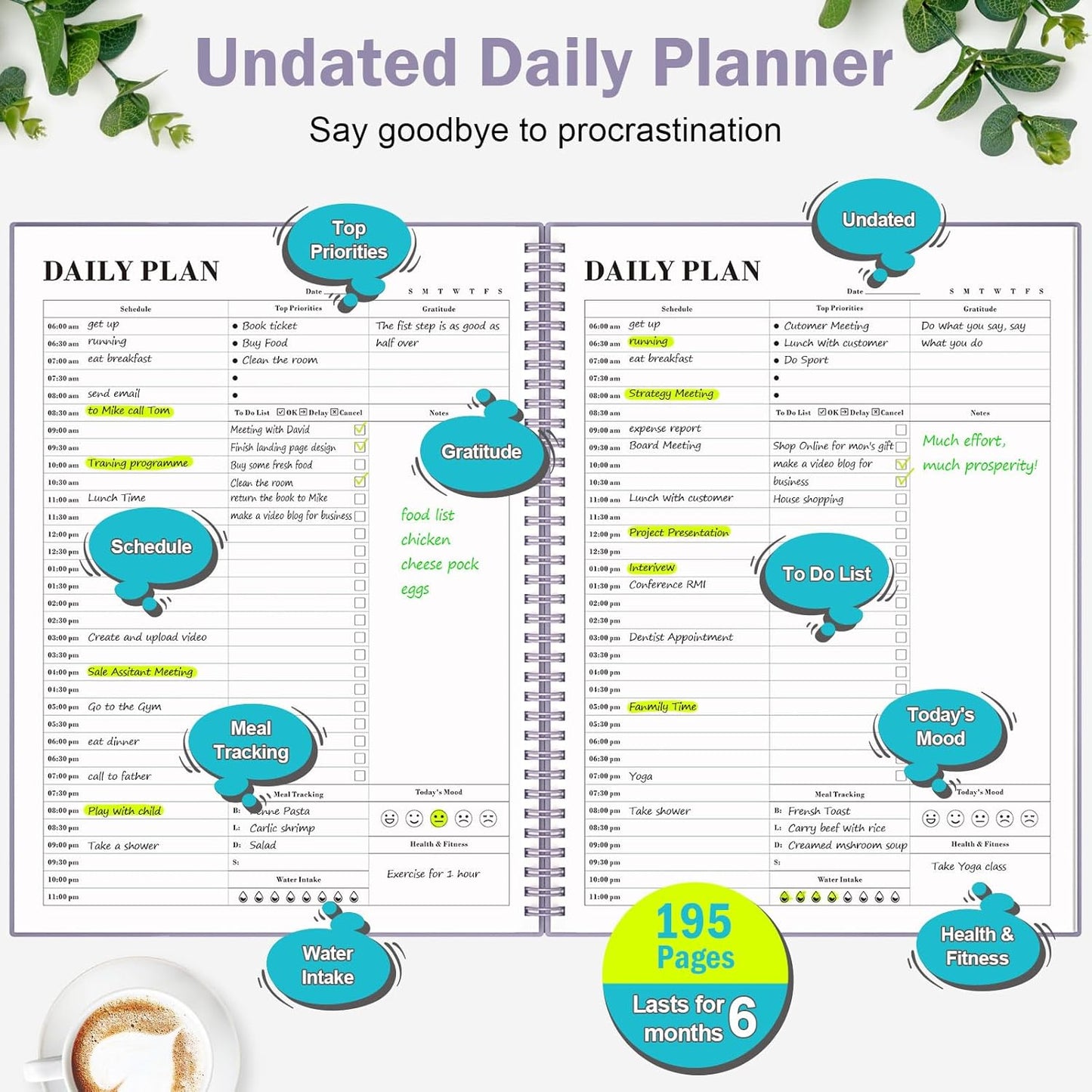 Planner Undated, Asten Daily Planner Agenda with To Do List, Hourly Planner for Women and Men, Spiral Appointment Book Planner Notebook with Elastic Closure, Day Planner for ADHD 8.5" x 11" (Purple)