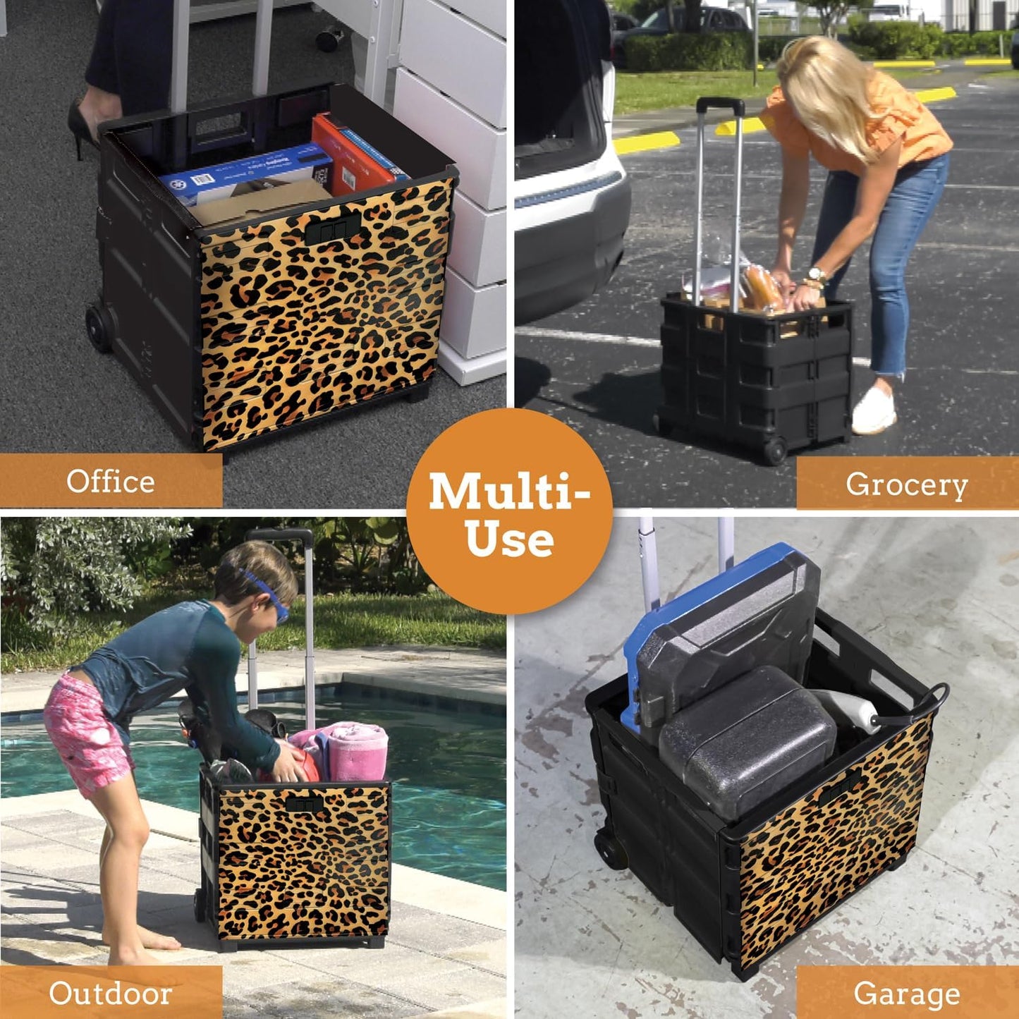 Inspired Living Ultra-Slim Rolling Collapsible Storage Pack-N-Roll Utility-carts, with Telescopic Handle, for Home, Garden, Shopping, Office, School use, Large, Leopard