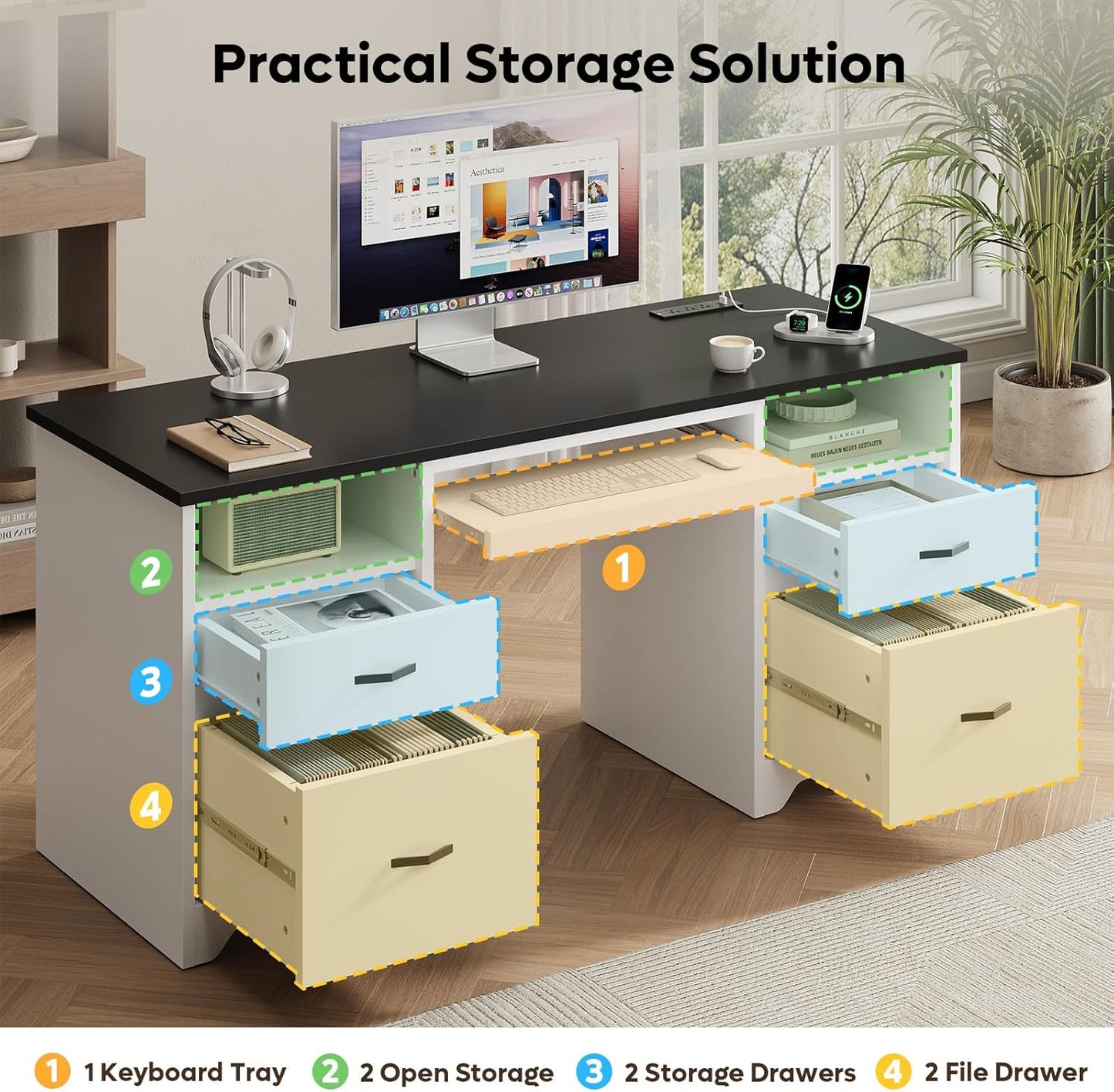 Bestier 59” Computer Desk with 4 Drawers, Office Desk with Storage, Modern Executive Desk with Charging Station, Keyboard Tray & Wooden Pedestals on Both Sides for Home Office & Studio, White