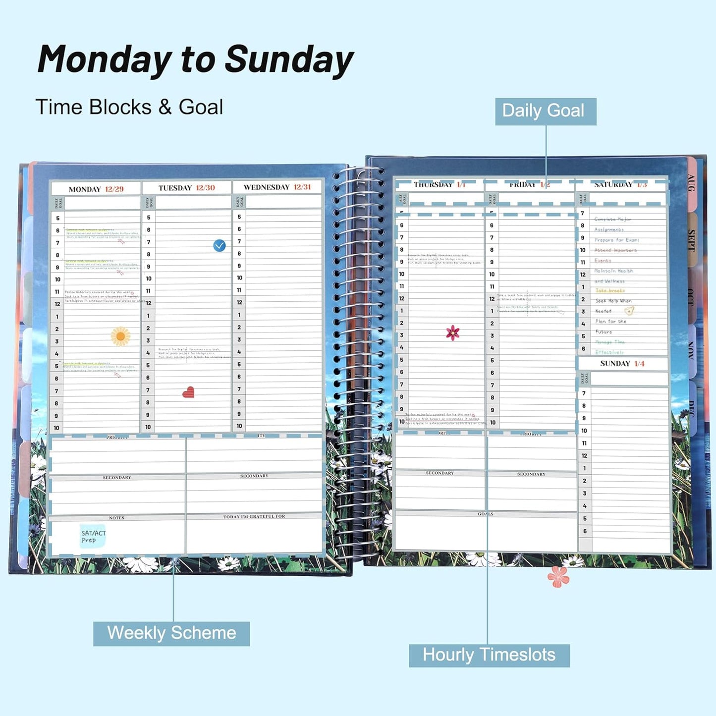 CAGIE Planner 2026 Monthly (Jan. 26-Dec. 26), 12 Month Academic Planner 8.5"x11", Large Daily Planner with Hourly Timeslot, Monthly Tab, Spiral Binding, Bookmark