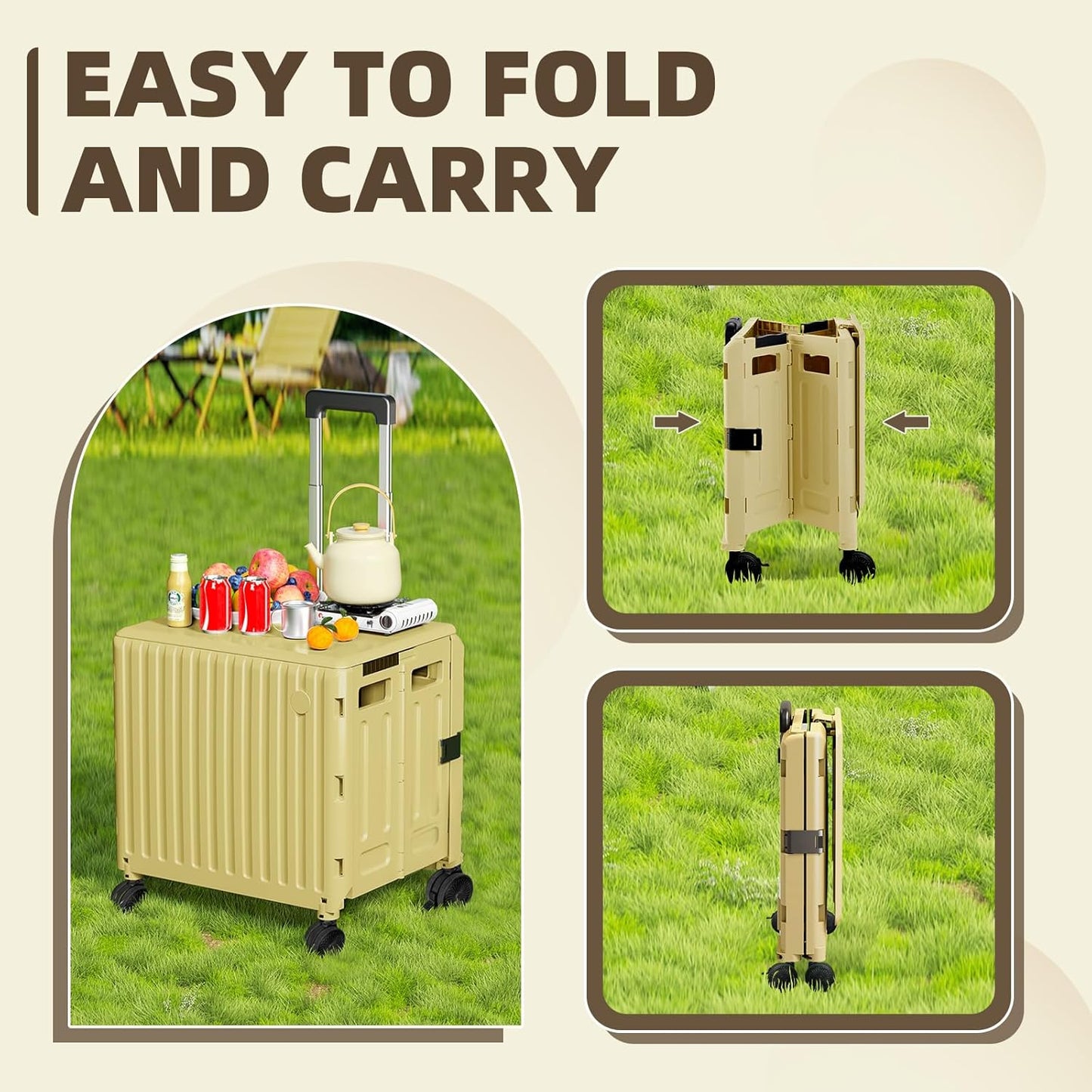 Folding Utility Cart with Wheels: Collapsible Rolling Carte for Teachers Handcart Shopping Trolley Portable Tool Box, All-Terrain Office Cart with Lid Basket Handle & Durable Frame