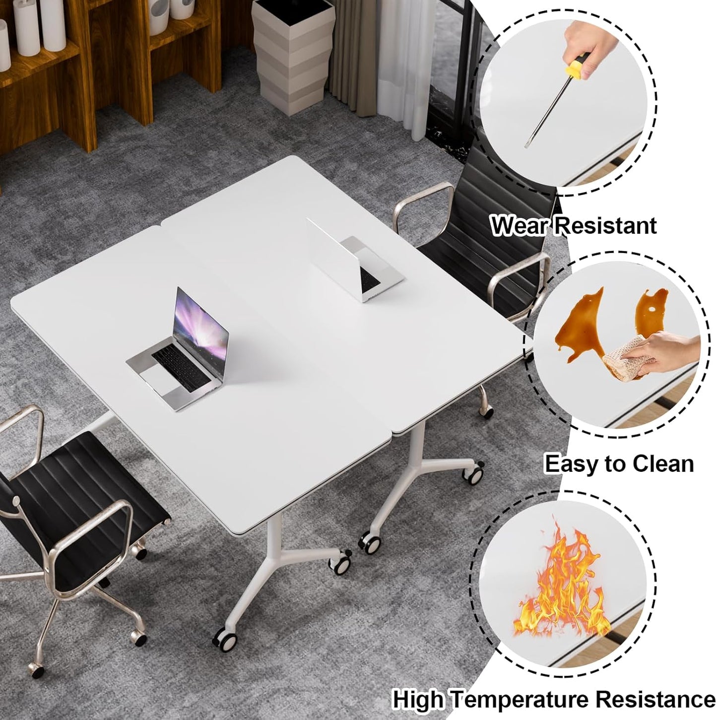 Folding Conference Table, Modern Large Conference Room Tables with Flip-Top Design, Foldable Conference Table Meeting Table with Wheels, Mobile Seminar Training Tables for Office Classroom (4, White)