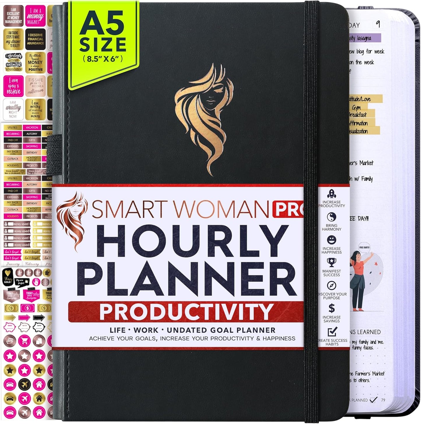 Hourly Planner - Undated Daily, Weekly & Monthly Planner with Budget Section | A 12 Month Journey to Increase Productivity & Happiness | Life Organizer & Gratitude Journal - Vertical Format
