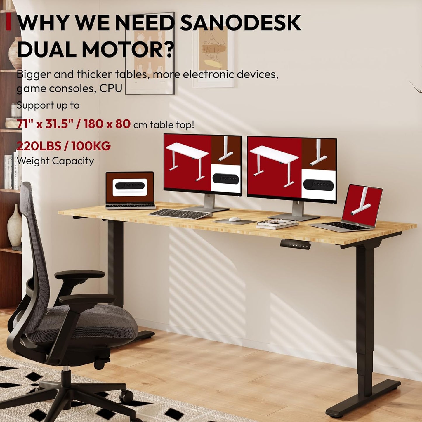 Standing Desk with Dual Motor, 3-Stage Lifting Column, Handset with 3 Preset and Sit-Stand Reminder - 72 inch Whole Piece Real Bamboo/Black Frame, Height Adjustable Desk for Home and Office