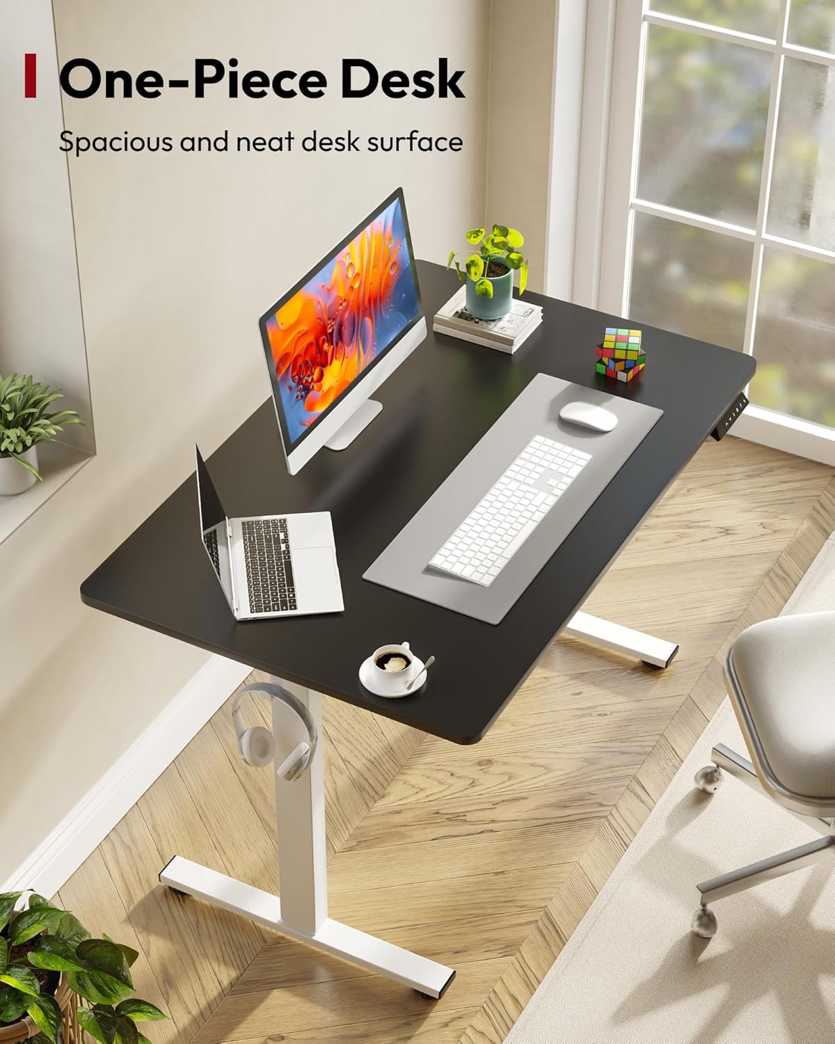 SANODESK Electric Standing Desk 48 x 30 Inches Whole-Piece Desktop Height Adjustable Stand Up Desk w/6-Button Controller Ergonomic Computer Desk for Home Office, White Frame + Black Tabletop