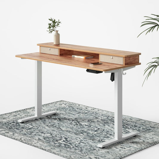 FEZIBO 48 x 24 Inch Whole-Piece Height Adjustable Standing Desk with Double Drawers, Sit Stand Desk, Stand Up Table (Send Two Packages), Light Rustic Top