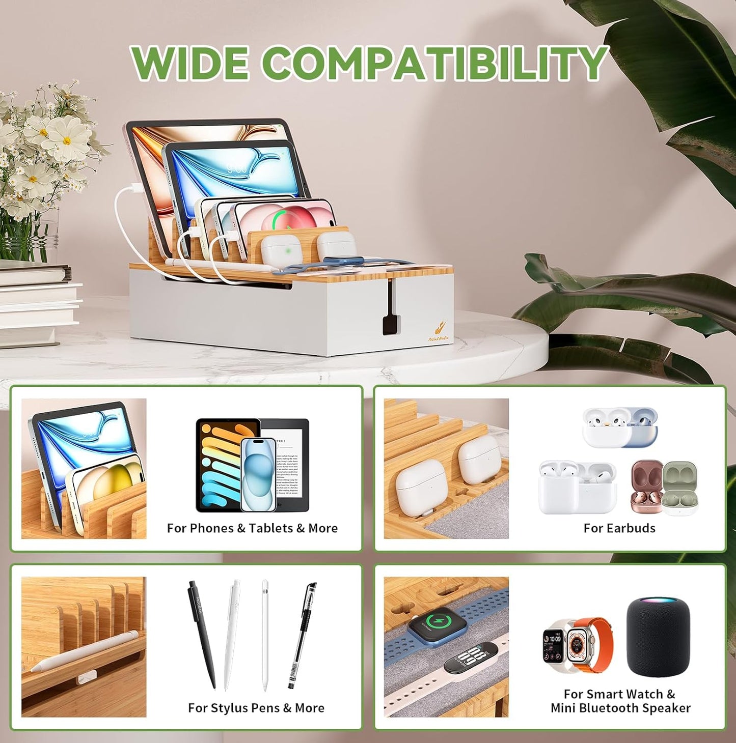 Pezin & Hulin Bamboo Charging Station for Multiple Devices, USB Charger Dock Organizer, with Power Supply (10 Ports HUB), 6 Cables, Cable Management Organizer for Cell Phones, Tablets -Natural+White