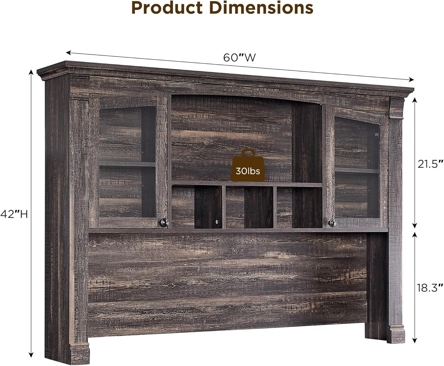 OKD Farmhouse Hutch for 60" Executive Desk, Office Desk Storage Cabinet with Glass Doors and Shelves, Top Hutch Organizer for Home Office - Dark Rustic Oak