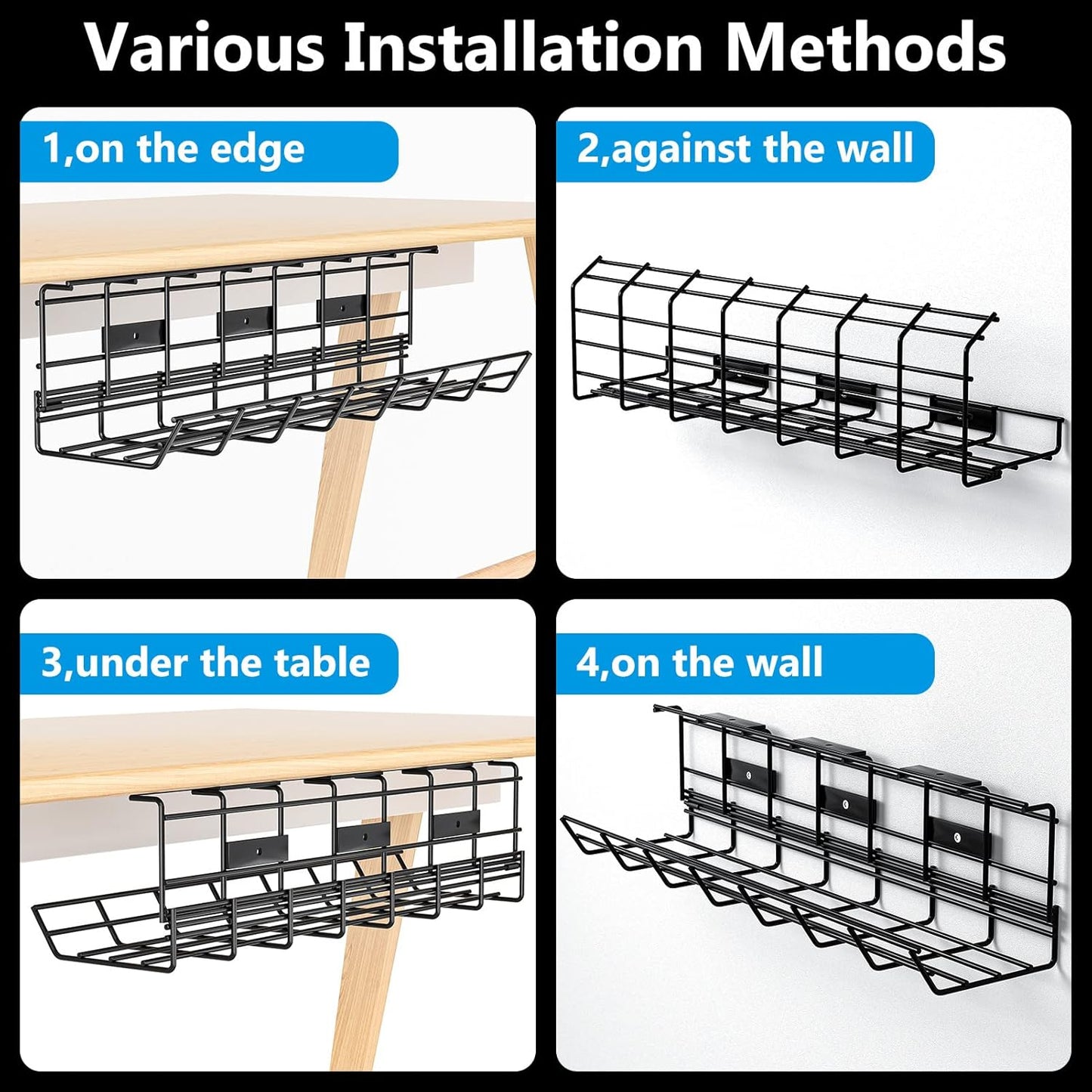 2 Pack DELAMU Under Desk Cable Management Tray, Metal Cord Cable Organizer for Desk, Easy Install Pre-drilled Wire Management Wire Organizer for Office & Home