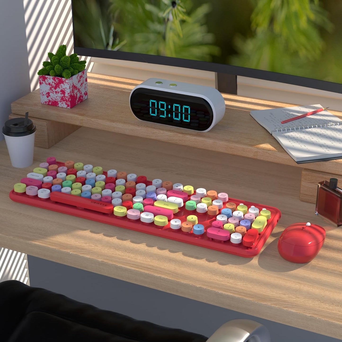 UBOTIE Colorful Computer Wireless Keyboard Mouse Combos, Typewriter Flexible Keys Office Full-Sized Keyboard, 2.4GHz Dropout-Free Connection and Optical Mouse (Red-Polychrome)