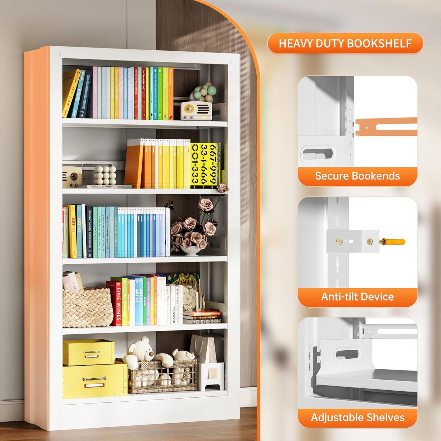 5-Tier Bookcase with Adjustable Storage Shelves, Metal Bookshelf with Book Stopper, Bookcase Shelf for Library, Office, Living Room (White(1 Column,3 Combination Bookshelves))