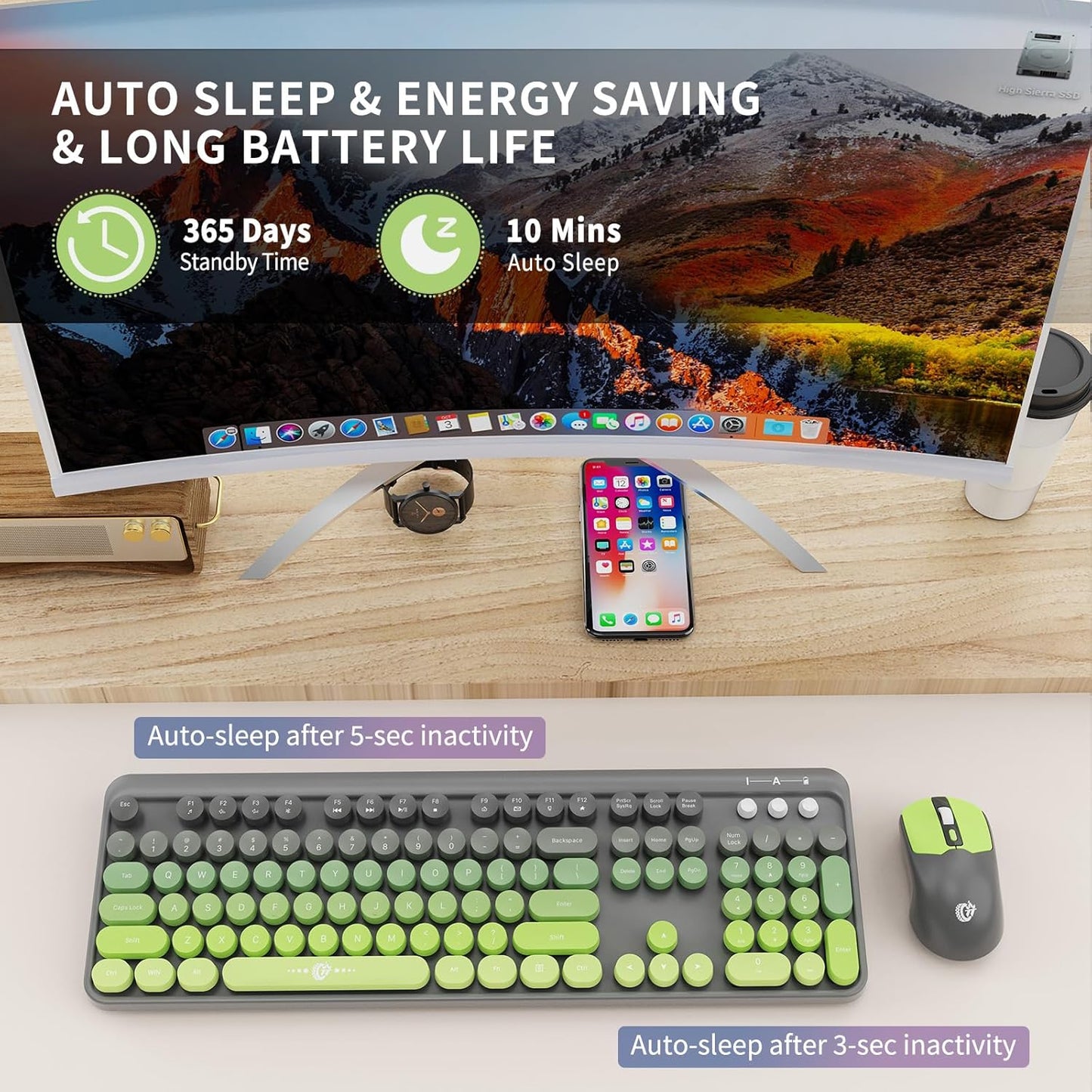 FOPETT Wireless Keyboard and Mouse Combo, 104 Keys Full-Sized 2.4 GHz Round Keycap Colorful Keyboards, USB Receiver Plug and Play, for Windows, Mac, PC, Laptop, Desktop (GreyGreen)
