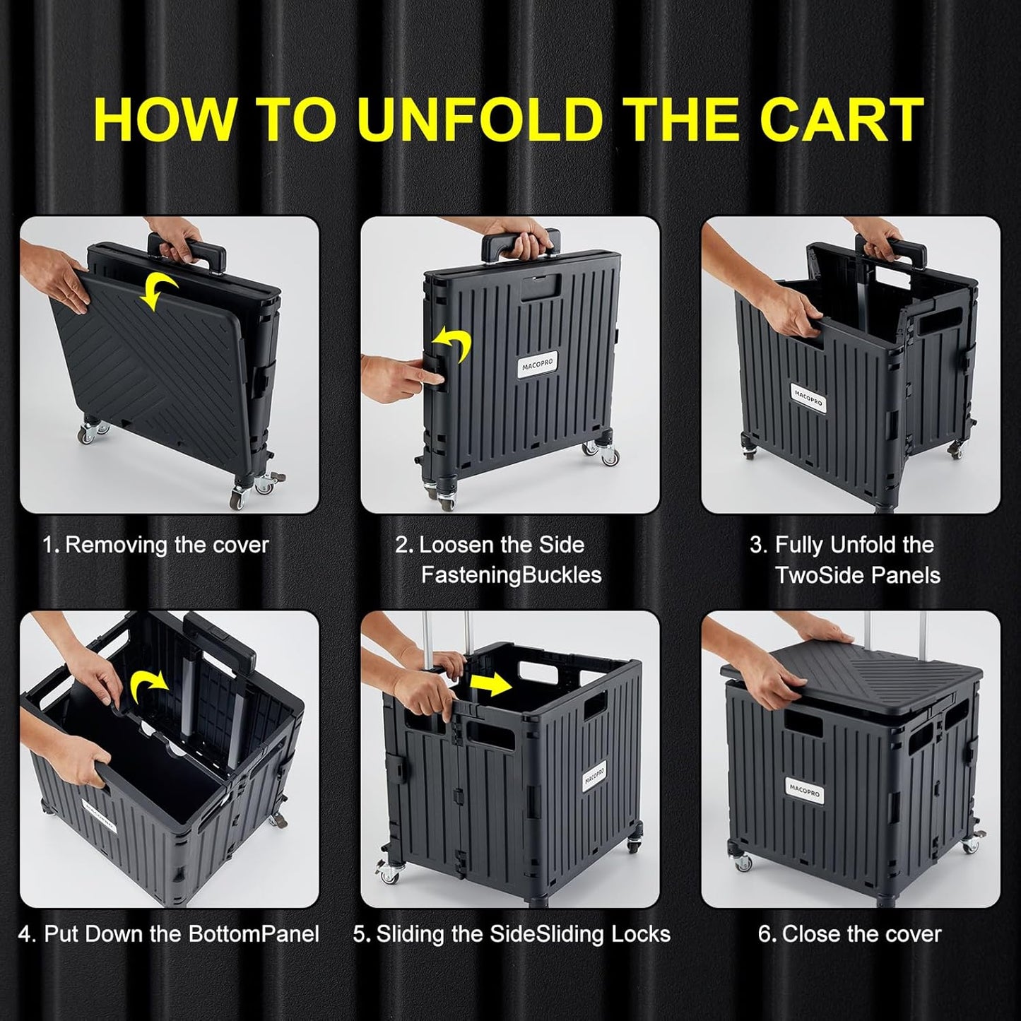 Folding Utility Cart Portable Rolling Crate Handcart Shopping Trolley Collapsible Tool Box, with Lid, Basket on 4 Rotate Wheels, for Grocery, Office, Luggage, Teacher (Black)