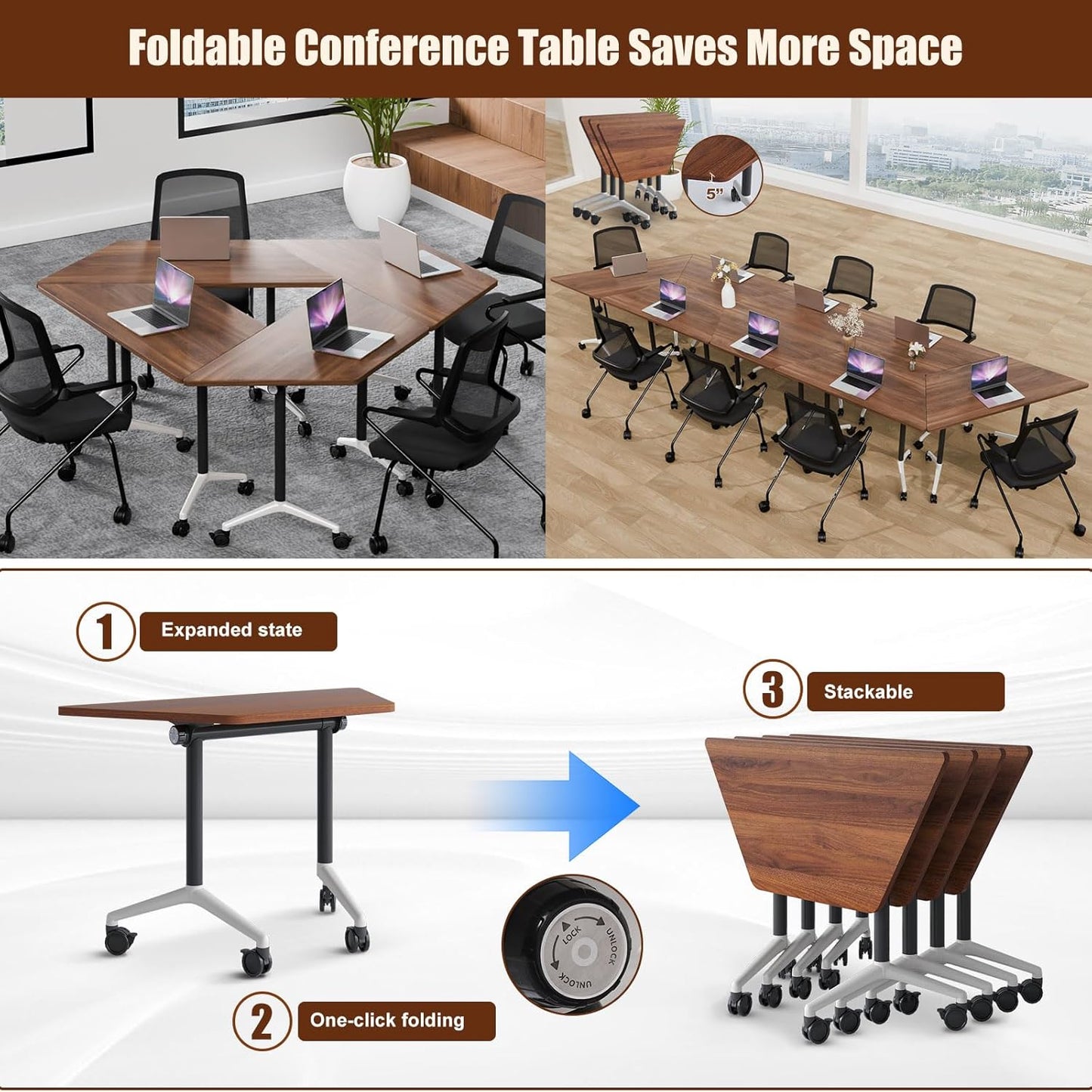 Conference Table, Folding Conference Desk Modern White, Seminar Table with Wheels, 2-10 People for Office, Meeting Break Room (6, 1915TXH, 47IN)