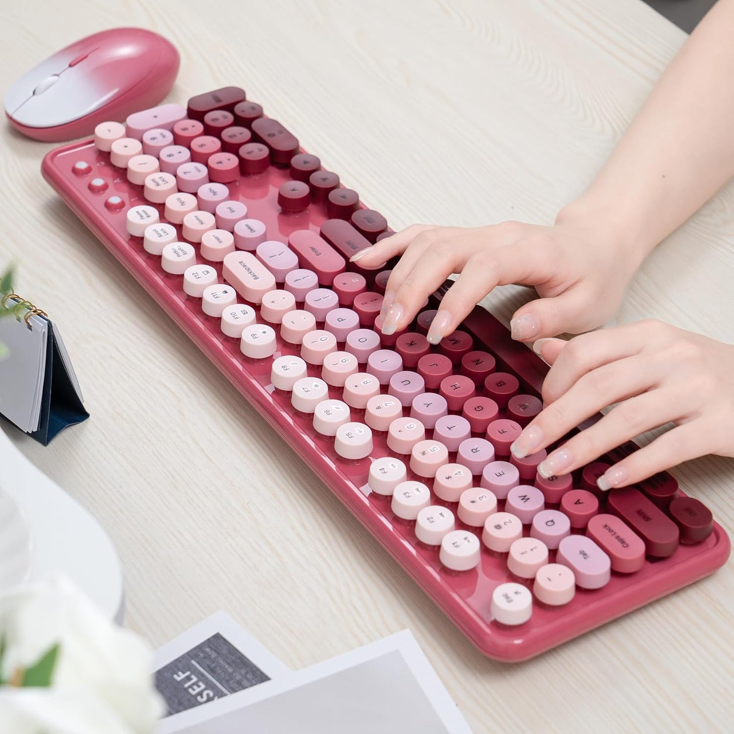 Colorful Wireless Keyboard and Mouse Combo, COVEVA 2.4GHz Wireless Retro Cute Round Keycaps Keyboard, 104 Keys Full-Sized Keyboard Mouse Set with Switch Button for PC Laptop Desktop (Pink Gradient)