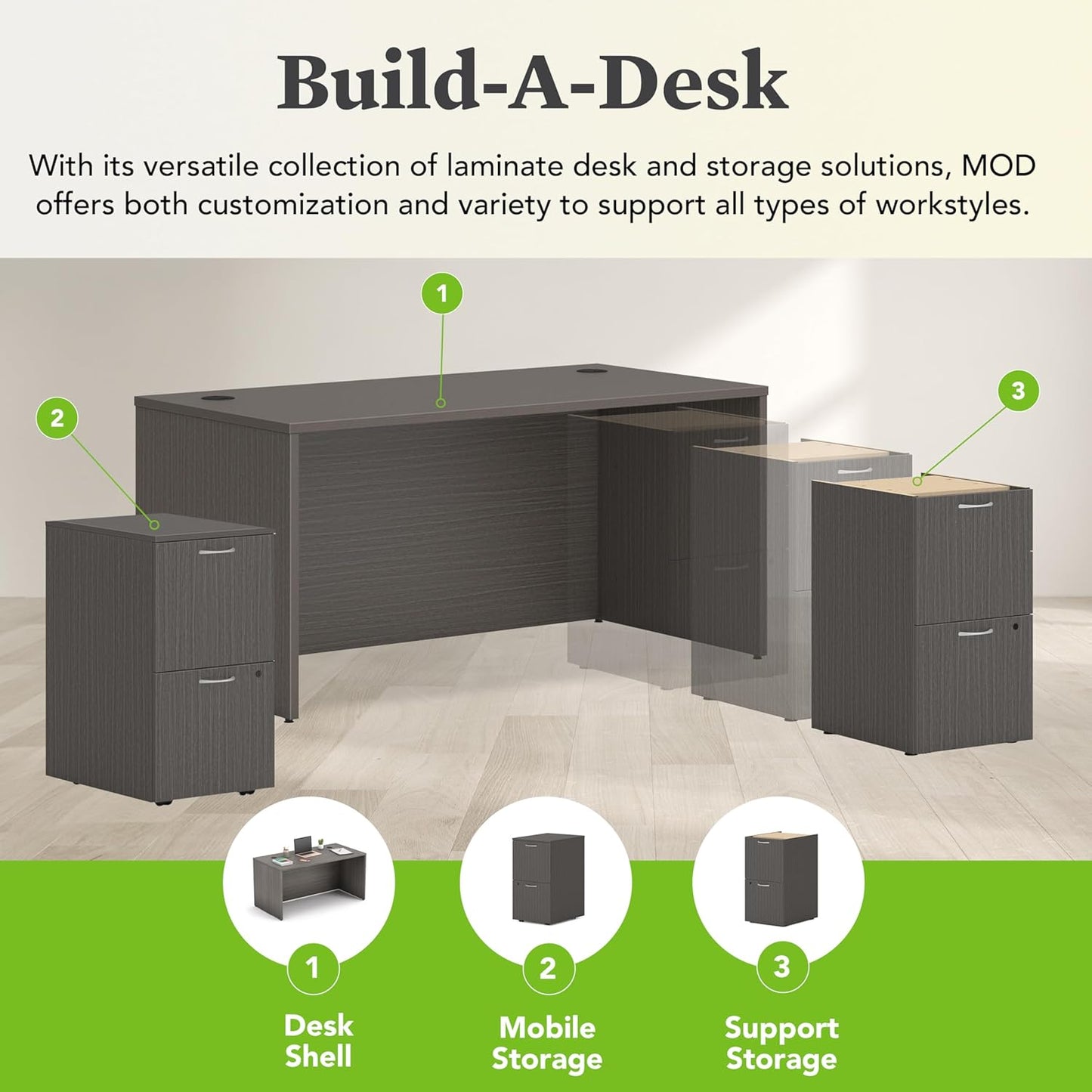 HON MOD Executive Desk 60-Inch Large Computer Desk Shell, Thick Wooden Laminate, Modern Table with Cord Management, 60" W x 30" D x 29" H, Slate Teak