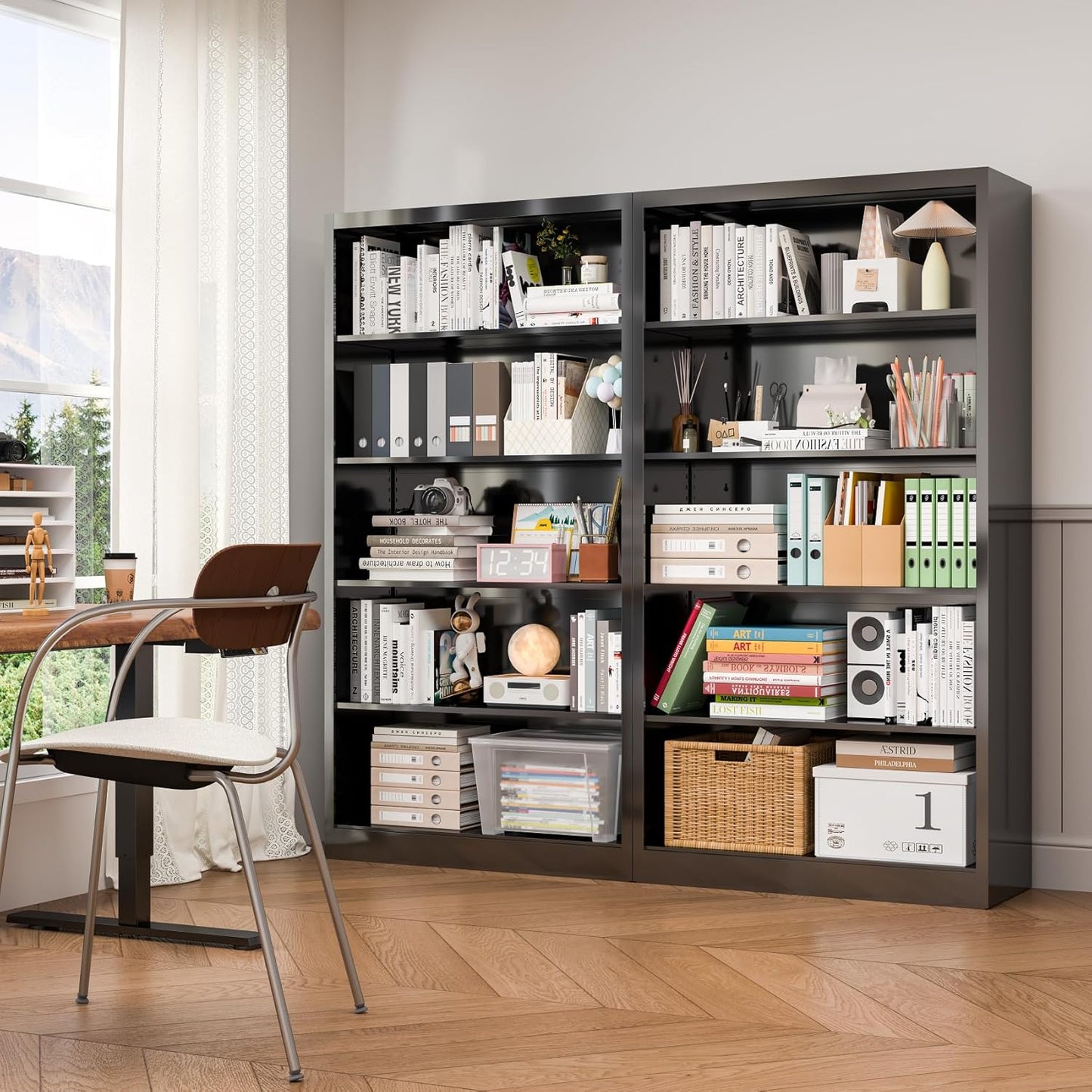 5 Tier Metal Bookshelf, 66" Tall Bookcase, Adjustable Book Shelves, Modern Black Book Shelf Storage Shelves for Bedroom, Living Room, Office, Library, Classroom, School