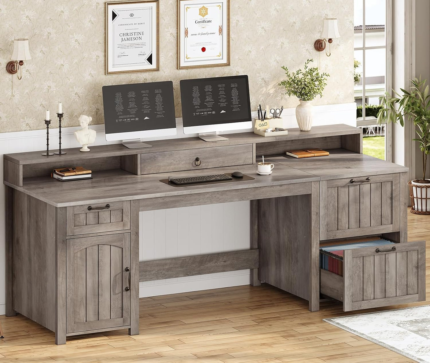 SEDETA Farmhouse 63" Executive Desk, Wood Computer Desk with Drawers and Storage Cabinet, Home Office Desk with File Drawer and Monitor Stand, Wood Desk for Work Study Writing, Grey