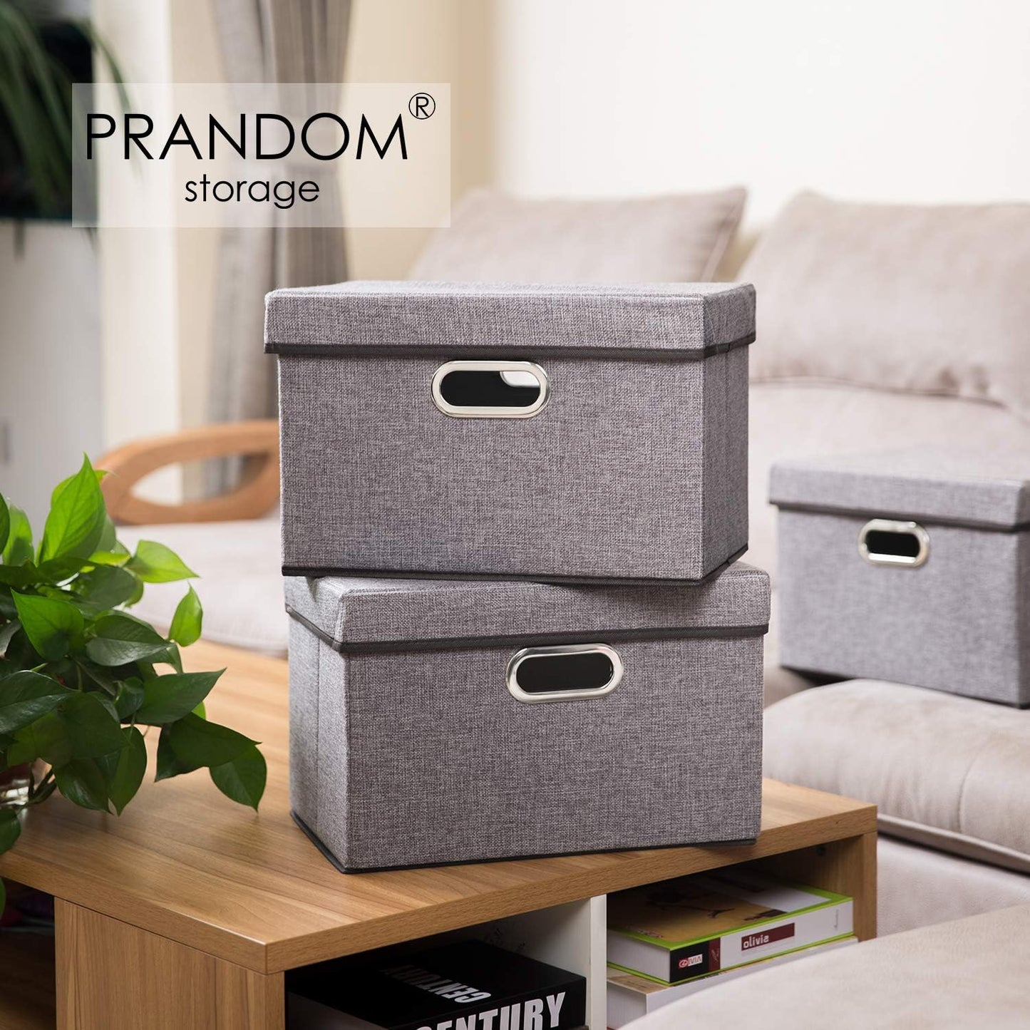 PRANDOM Collapsible Storage Containers with Lids [5-Pack] Linen Fabric Foldable Storage Bins Boxes Organizer Baskets Cube with Cover for Home Bedroom Closet Office Nursery (14.9x9.8x9.8)