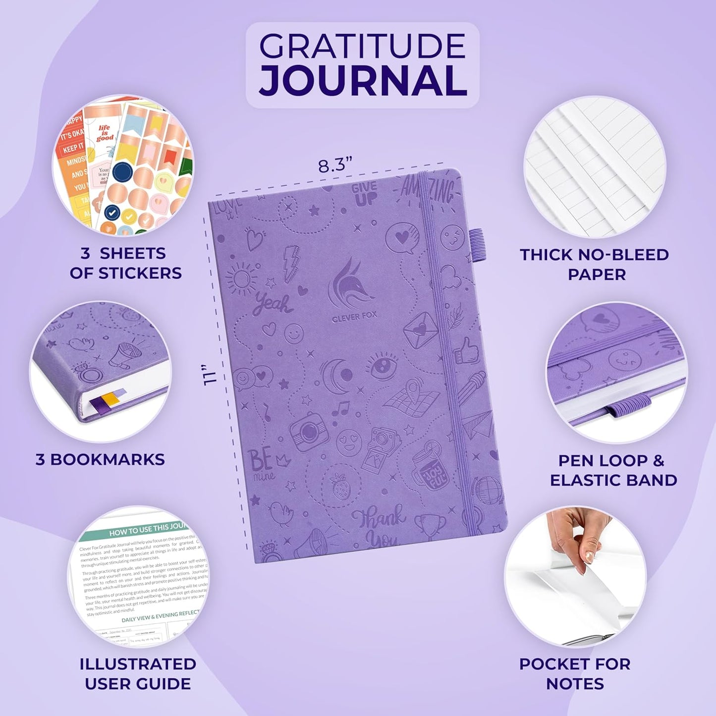 Clever Fox Gratitude Journal Large – Happiness, Positivity & Affirmation Journal – Inspirational Daily Notebook, 3 Months, 8.3x11” (Lavender)