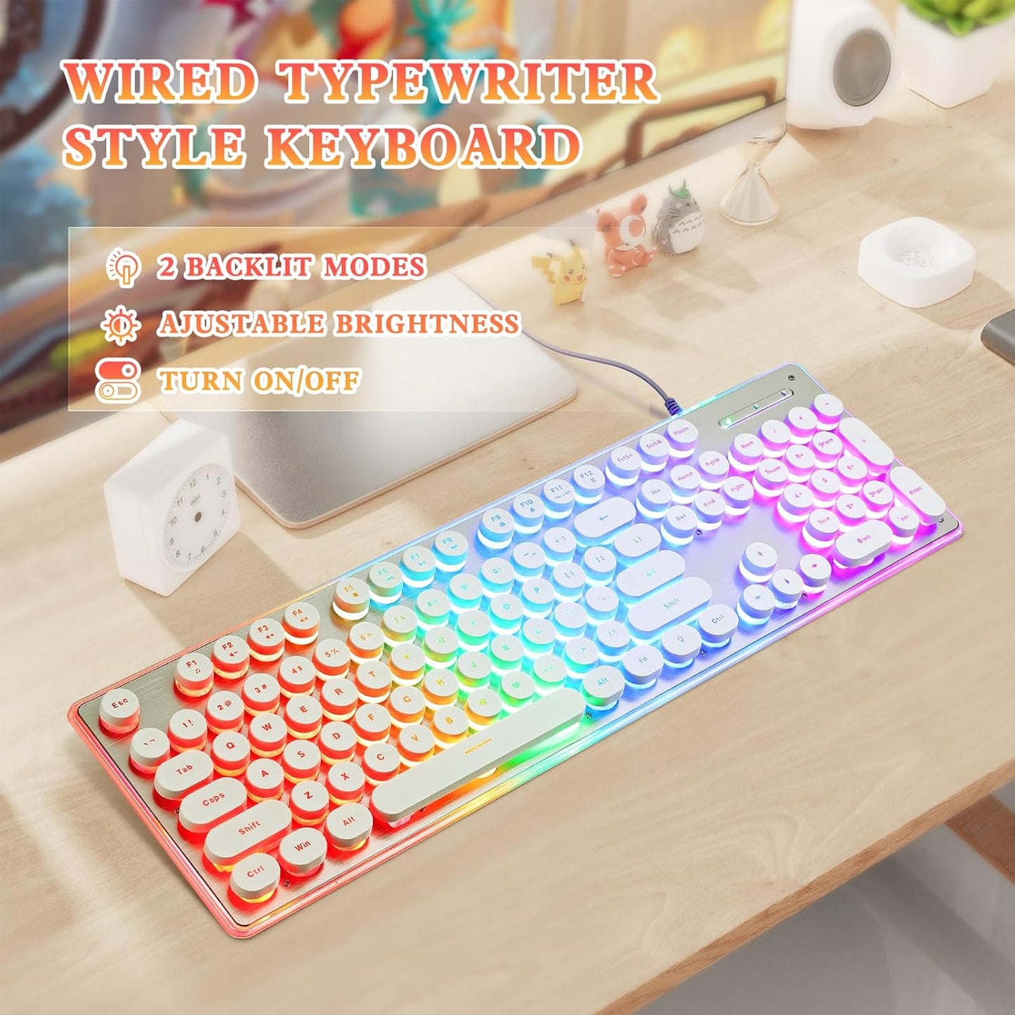Typewriter Style Keyboard with Metal Panel, Rainbow LED Backlit, Round Keys, Anti-ghosting, Spill Resistant, Light Up USB Wired Retro 104 Keys for Office/Gaming, White/Silver