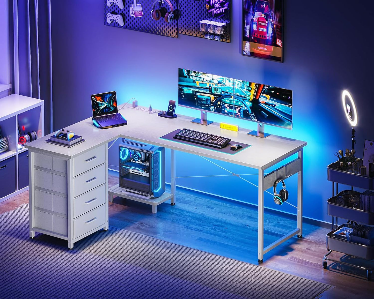 Casaottima L Shaped Desk with 4 Tier Drawers, 53" Gaming Desk with Power Outlets & USB, Reversible L-Shaped Computer Desk with CPU Stand, Home Office Corner Desk with Storage, Easy Assemble, White