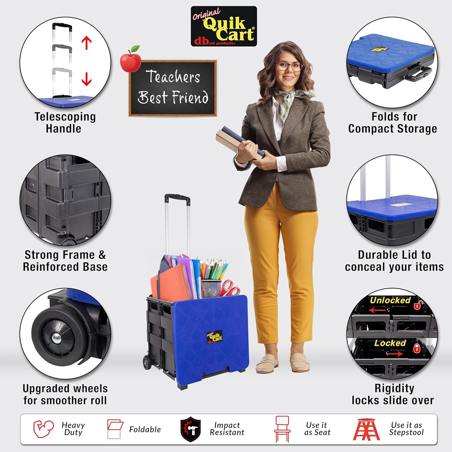 dbest products Quik Cart Collapsible Rolling Crate on Wheels for Teachers Tote Basket, 80 lbs Capacity, Blue Lid Made from Heavy Duty Plastic and used as a Seat