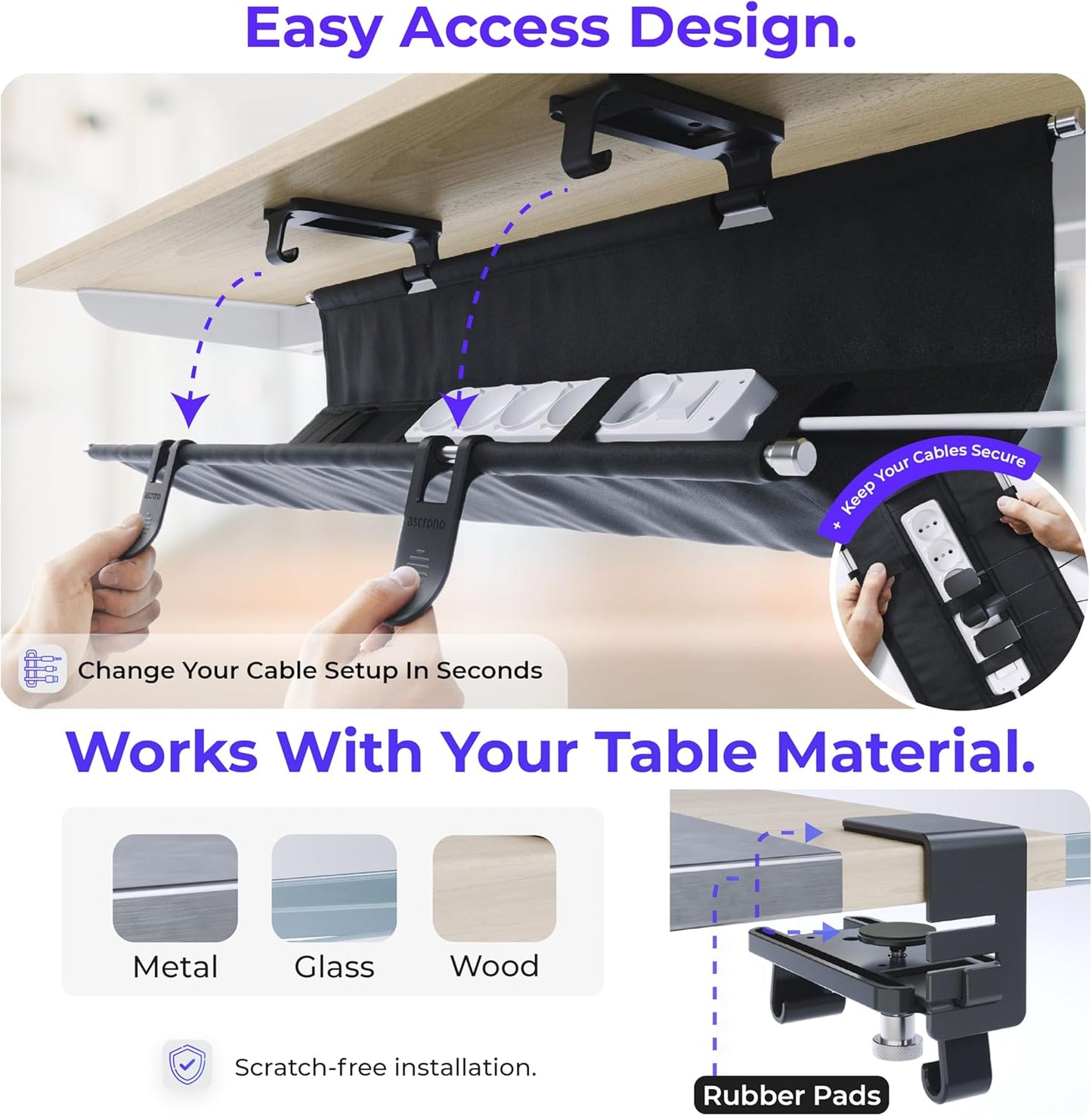 Original No Drill Under Desk Cable Management Tray 14.1" - Premium Black Fabric Cable Management Under Desk - Clamp/Screw Mount Cord Organizer - Supports Upto 66lbs