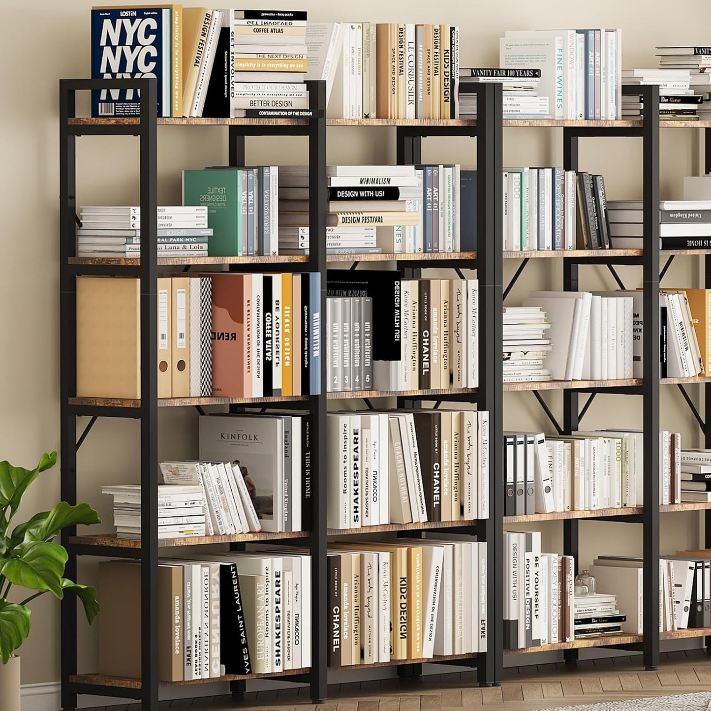 oneinmil 5 Tier Bookshelf Set of 2, 58.7'' Industrial Book Shelf, Wooden Bookshelves with 10 Open Display Shelves, Vintage Storage Rack, Standing Wide Bookcase for Home and Office, Rustic Brown