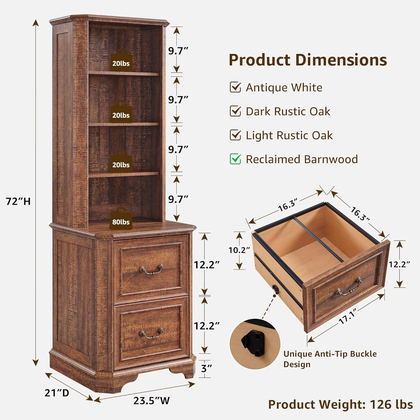 T4TREAM 6-Tier Bookcase with 2 File Drawers, 72" Tall Farmhouse Bookshelf with Storage & Adjustable Shelves, Wooden Floor Standing Display Book Shelf Organizer for Home Office, Reclaimed Barnwood