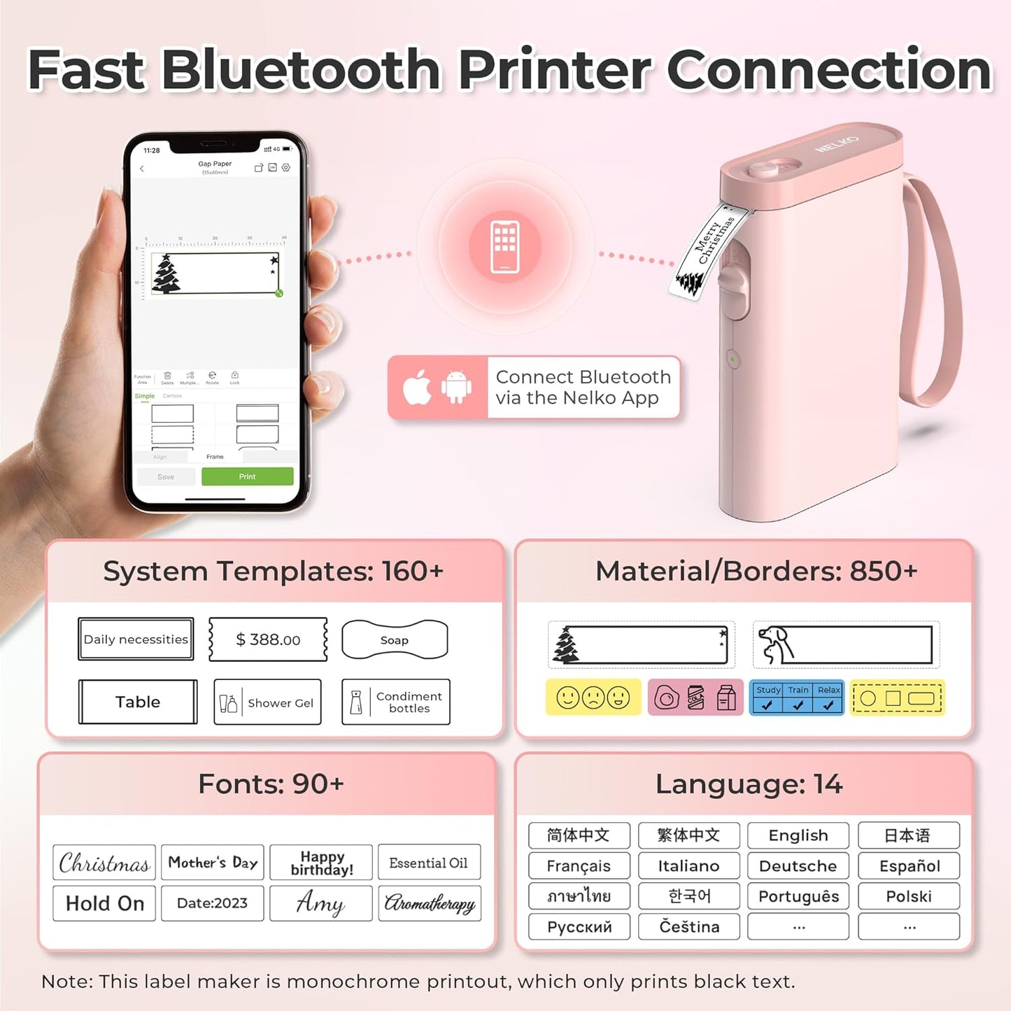 Nelko Label Maker Machine with Tape, P21 Bluetooth Label Printer, Wireless Mini Label Makers with Multiple Templates for School Office Home, Pink