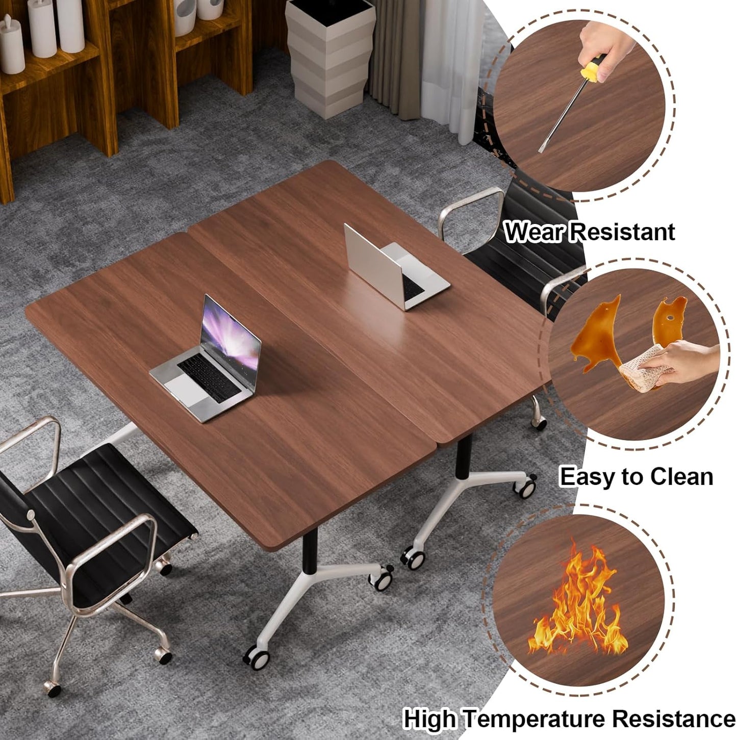 Folding Conference Table, Modern Large Conference Room Tables with Flip-Top Design, Foldable Conference Table Meeting Table with Wheels, Mobile Seminar Training Tables for Office Classroom (6, Brown)