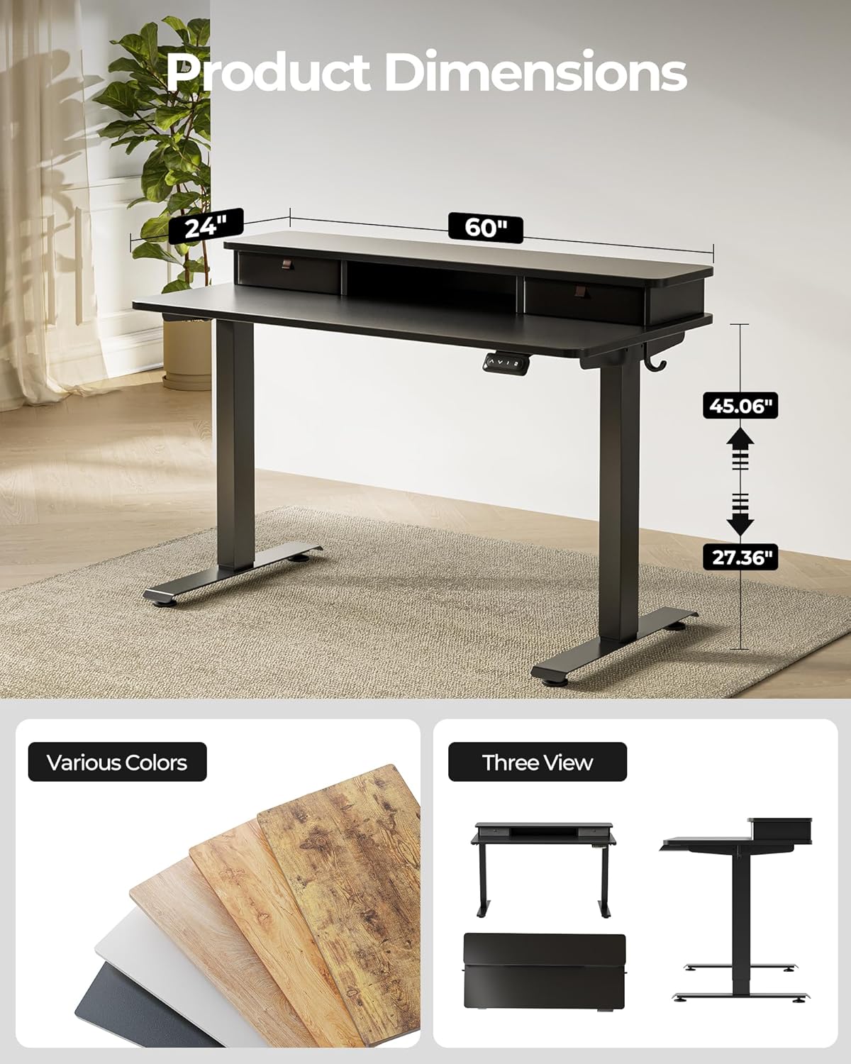 FEZIBO 60 x 24 Inch Height Adjustable Electric Standing Desk with Double Drawer, Computer Desk, Home Office Stand Up Table with 4 Height-Adjustable Feets & 2 Hooks, Black