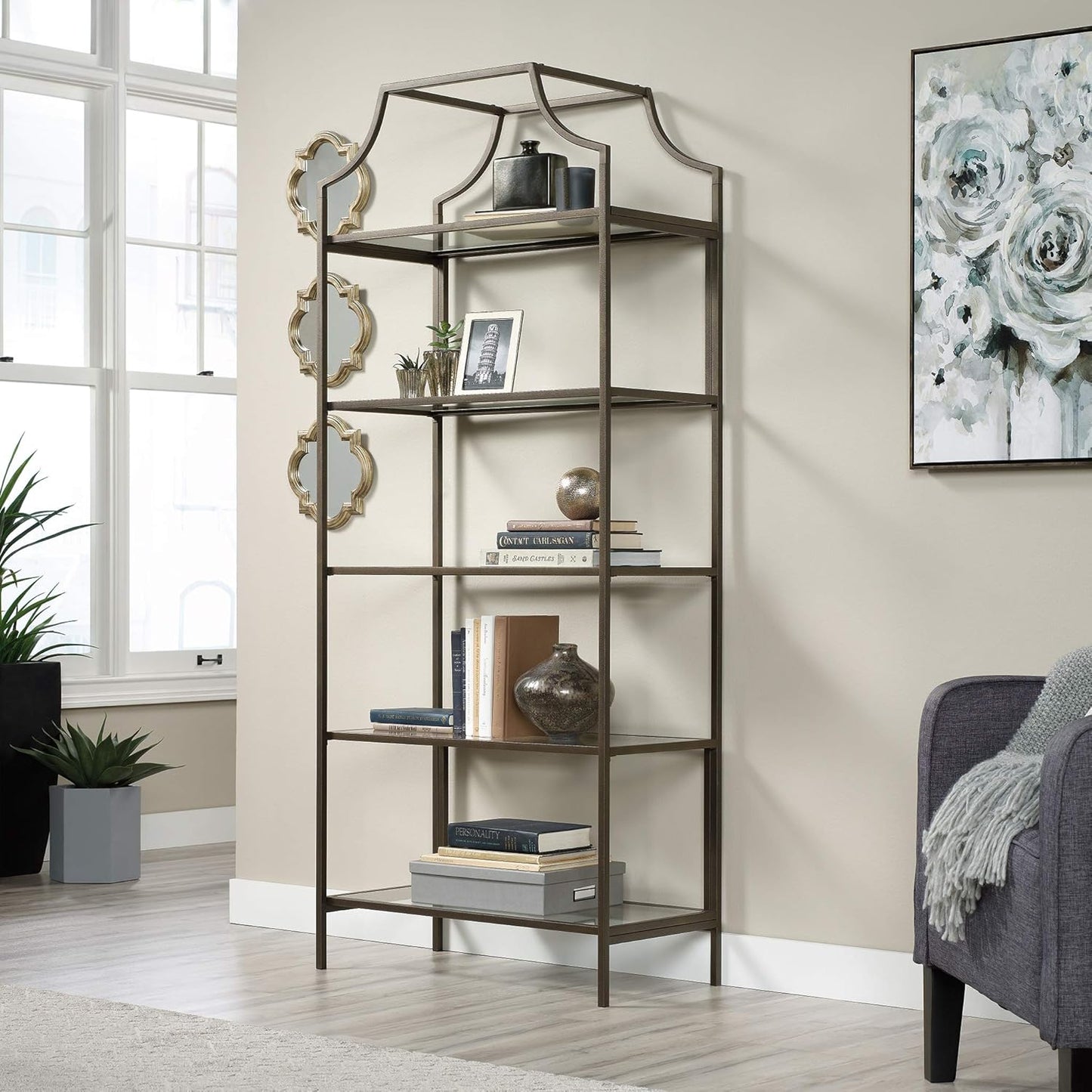 Sauder International Lux Book Shelf 5 Tier Modern Metal Multipurpose Bookcase with Glass Shelving, in a Bronze Finish