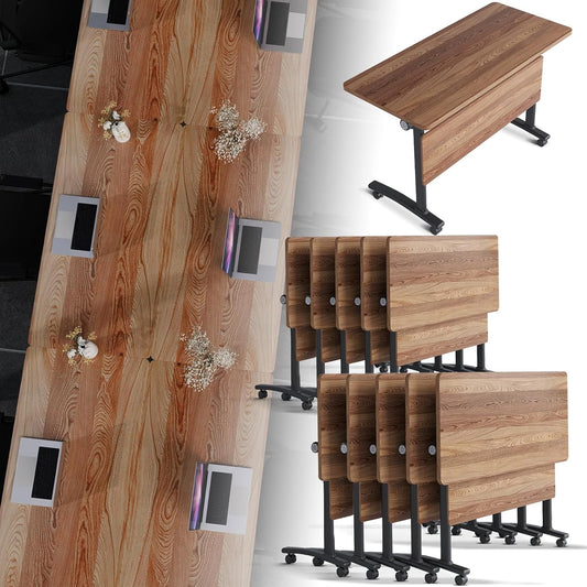 Folding Conference Room Table, Modern Conference Tables with Silent Wheels, Large Rectangular Mobile Training Tables for Office Classroom, Foldable Modular Boardroom Seminar Table (10pack L63in)