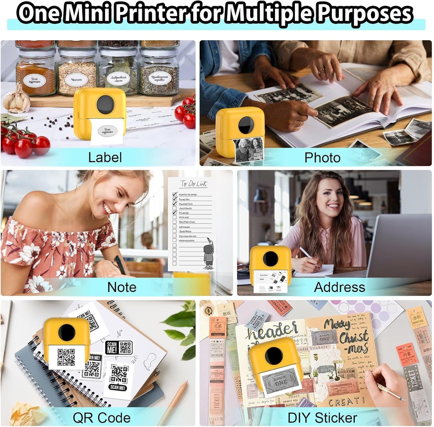 HuiJuKeJi Mini Sticker Printer Bluetooth Smart Pocket Inkless Thermal Printer with 11 Rolls Thermal Paper and Sticker for iOS&Android, Portable Receipt Printer for Photo Note Memo (Yellow)