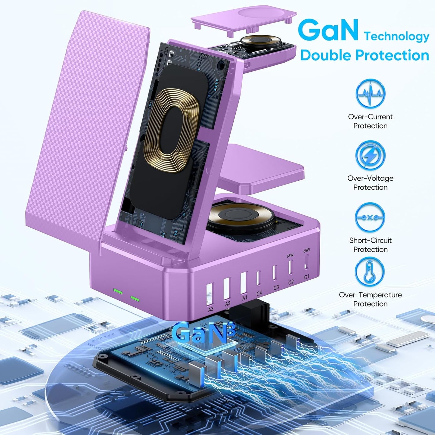 300W Charging Station for Multiple Devices Apple, Zutspzss 10 in 1 Wireless Charger for iPhone 16, GaN III USB C 65W PD Fast Charging Stand Dock for MacBook, Apple Watch&Airpods,Purple