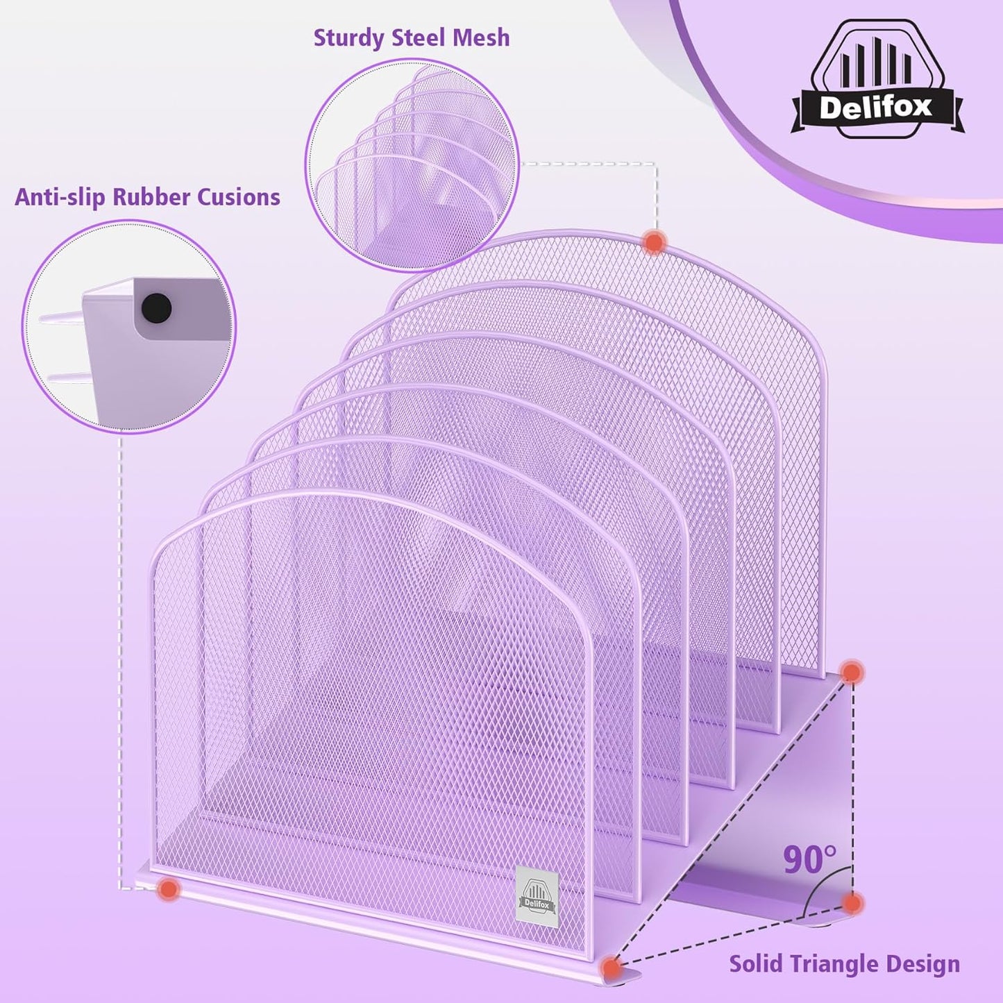 Inclined Desk File Organizer, 5-Section Vertical File Folder Holder Stand Metal Rack File Sorter for Office Classroom Desktop Organization (Purple, 2Pack)