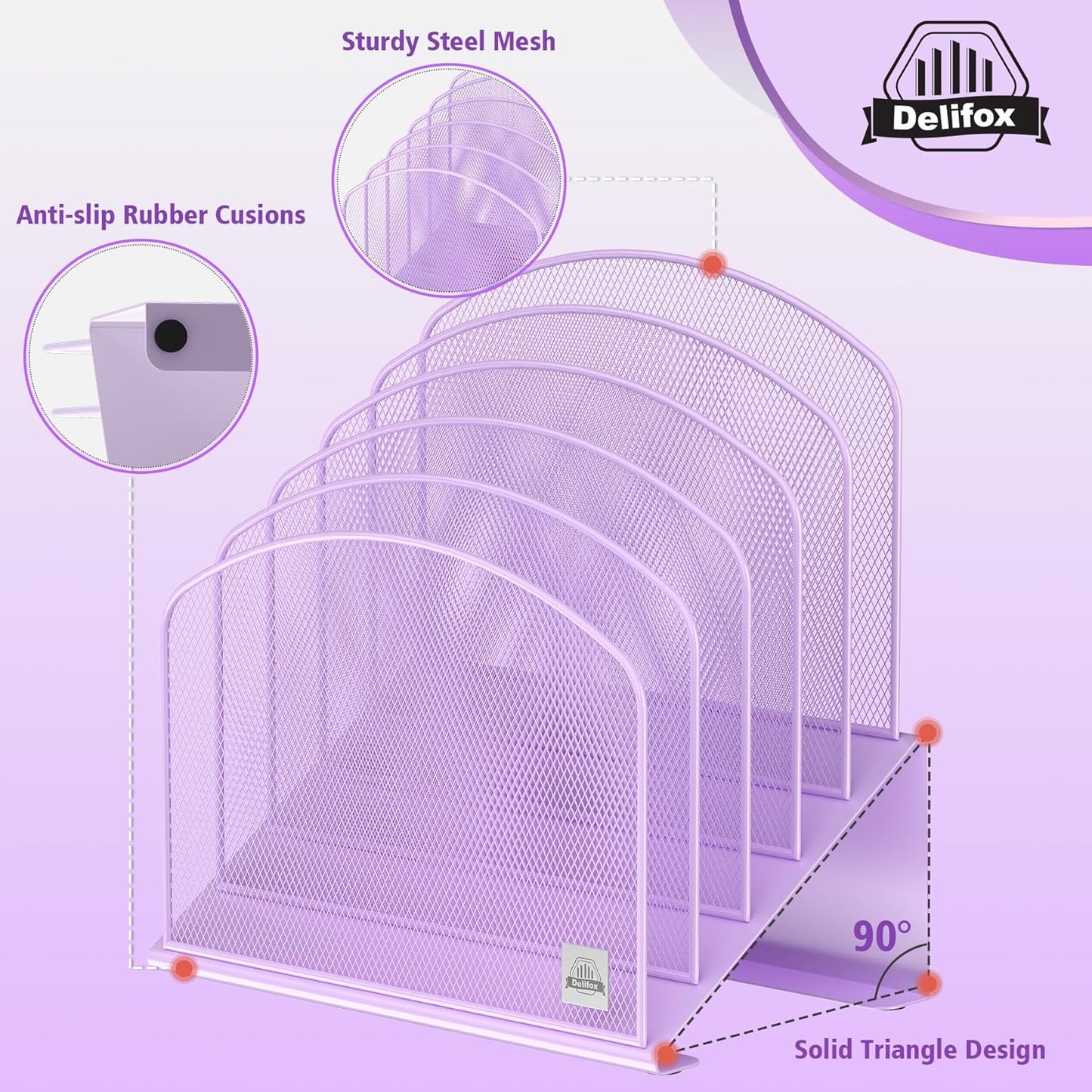 Inclined Desk File Organizer, 5-Section Vertical File Folder Holder Stand Metal Rack File Sorter for Office Classroom Desktop Organization (Purple, 1Pack)
