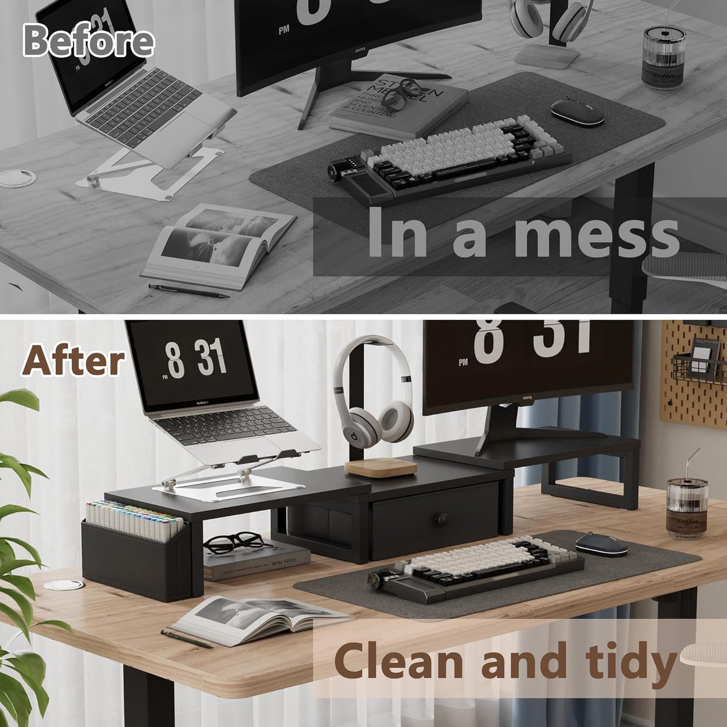 LAND·VOI Heavy Duty Dual Monitor Stand, Holds 2 Screens Up to 27 Inches, Adjustable Length and Angle Monitor Riser, Desk Organizer with Side Pockets and Drawers, Home Office Desk Storage, Black