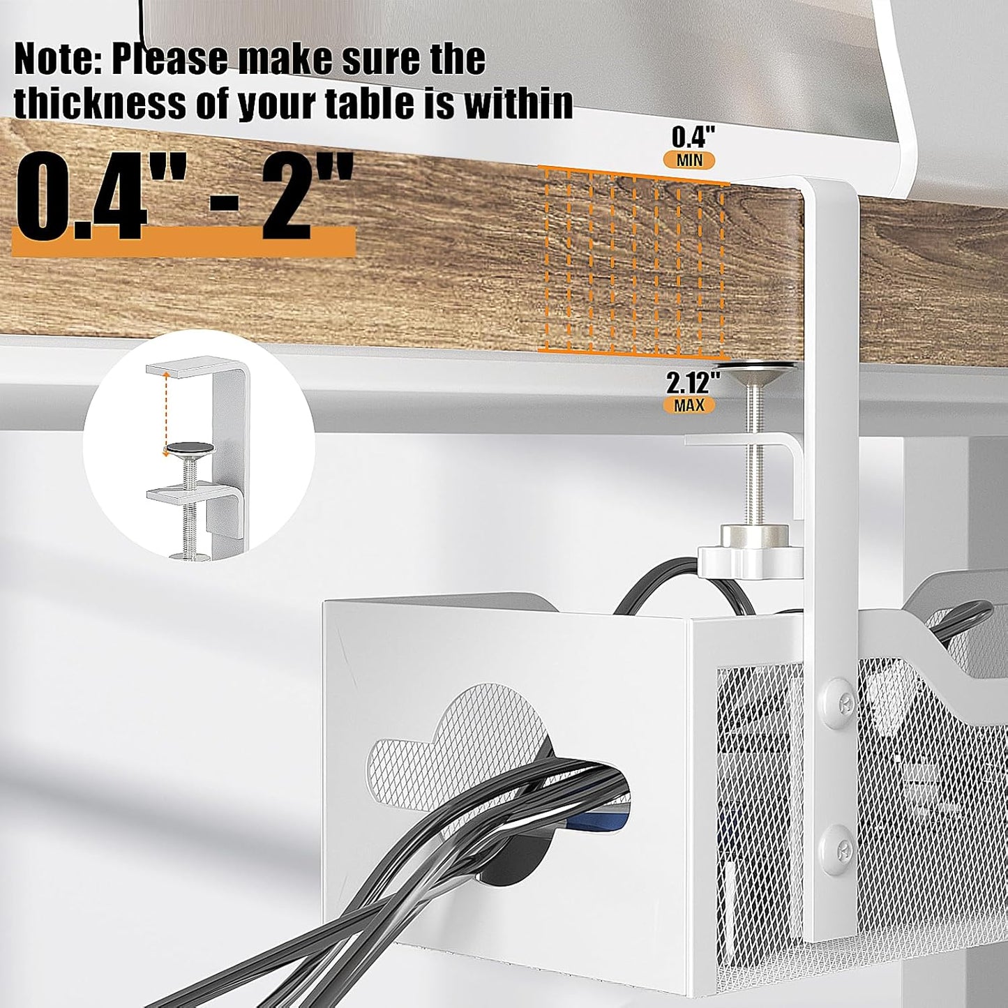 Under Desk Cable Management Tray 13.38", Quszmd Cable Organizer No Drill, Standing Cord Organizer and Wire Management Tray - No Damage to Desk, White