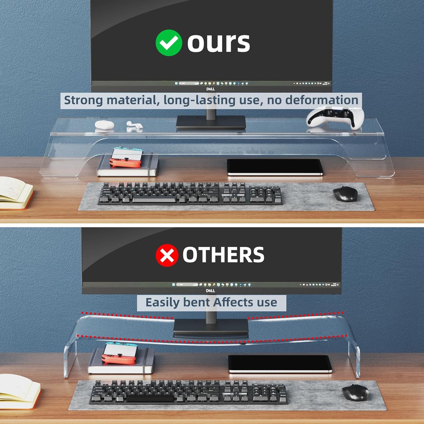 Clear Acrylic Dual Monitor Stand Riser,LED Light 31.5 Inch Computer Monitor Stand for 2 Monitors,Office Desktop Organizer for Laptop,PC,Computer,Printer