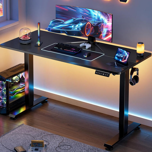 Veken 55 Inch, Height Adjustable Sit Stand Up, Wood Desktop, Work Home Office Computer PC Table, Tall Standup Workstation, Gaming Writing Study Bedroom Rising Desks, Black